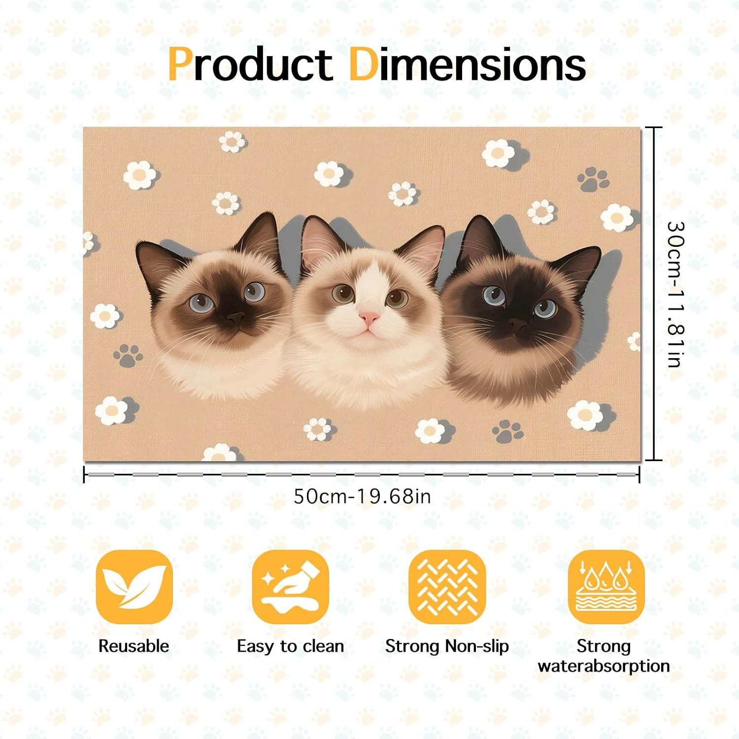 HOMETITUTE Cat Feeding Mat Cat Print Bowl Placemat 20 x 12 Inch | Non Slip Cat Bowl Mat Food and Water Placemat for Small Pets Pet Area Kitchen Floor and Dining Room Cat Print