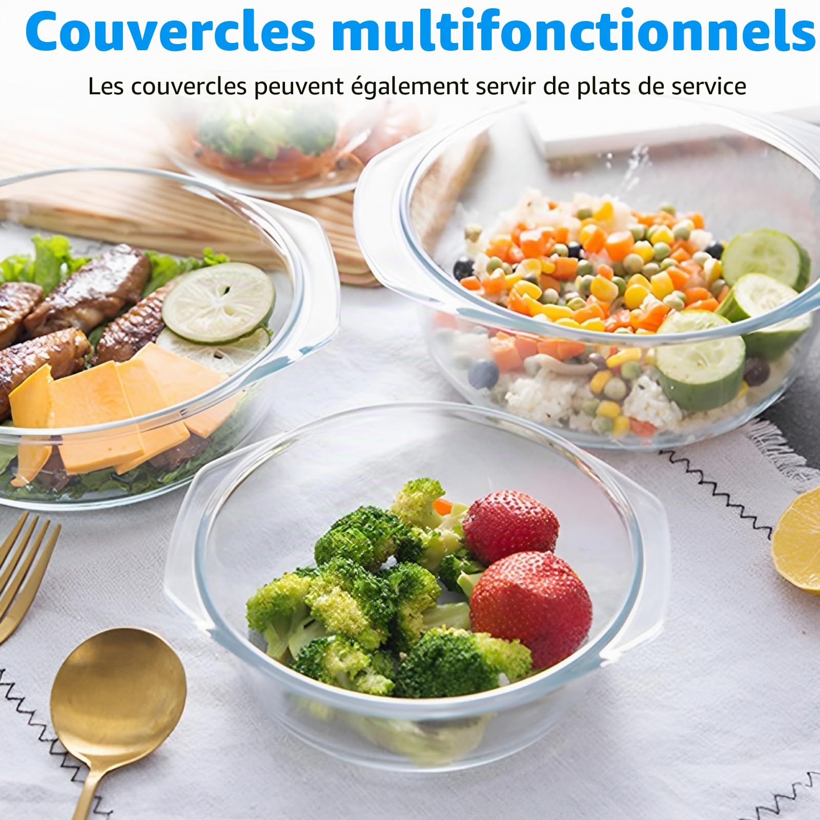 YAYODS Lot de 3 Plats à Four en Verre avec Couvercle - 650/1000/1400ml - Cocotte Ronde en Verre Résistant à la Chaleur pour Micro-ondes, Four et Réfrigérateur - Plat de Cuisson Transparent avec Poigné