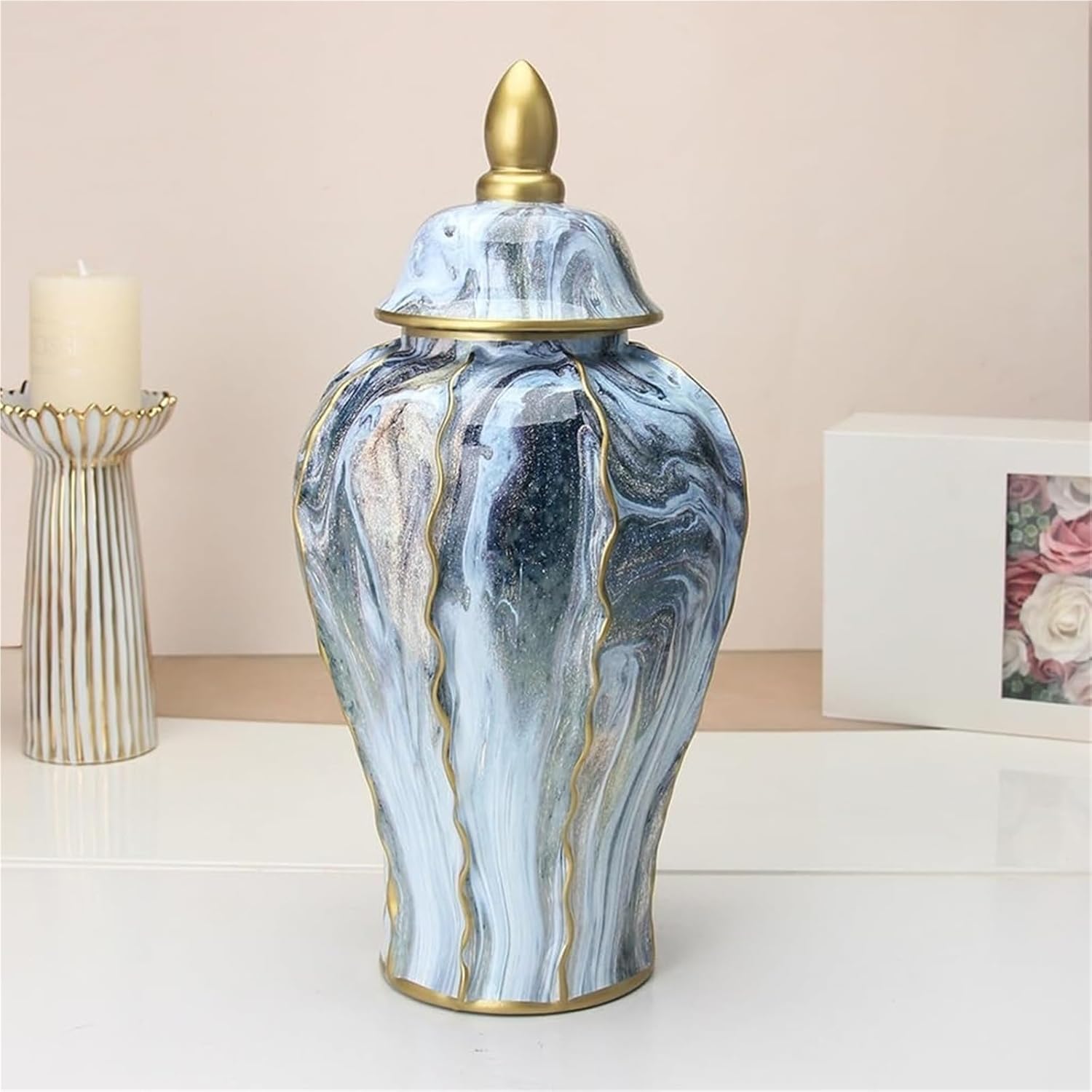 Large Ginger Jar,Handmade Ceramic Vase with Lid,Blue Gray Streamer Ginger Jar, Chinese Decorative Centerpiece Decorative Jar,for Home Office Table Living Room Bedroom Decoration(23 * 47cm)