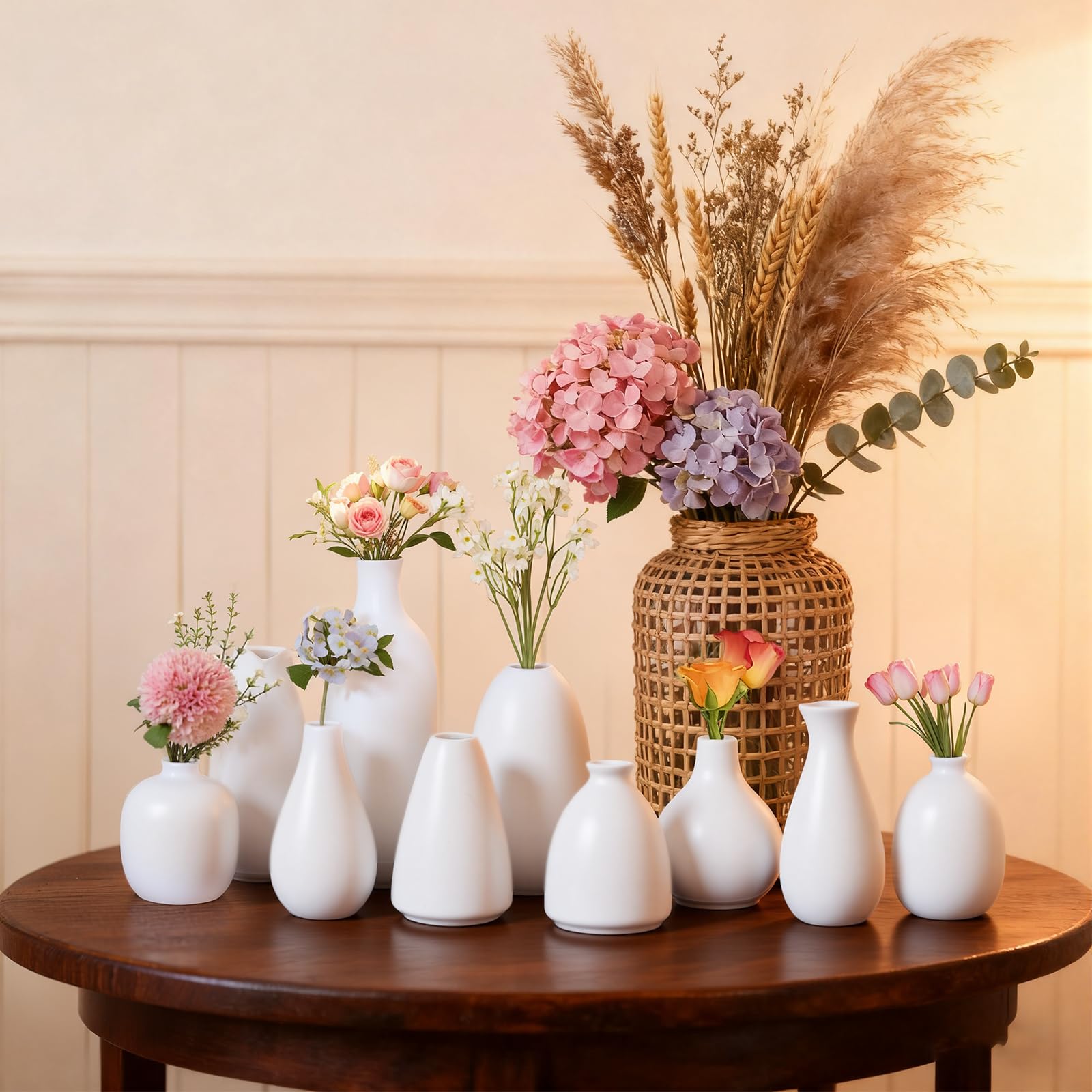 Vaso In Ceramica Bianca Geometrico 22,6 Cm | Design Moderno Bohémien Per Fiori Freschi E Secchi | Decorazione Casa E Ufficio