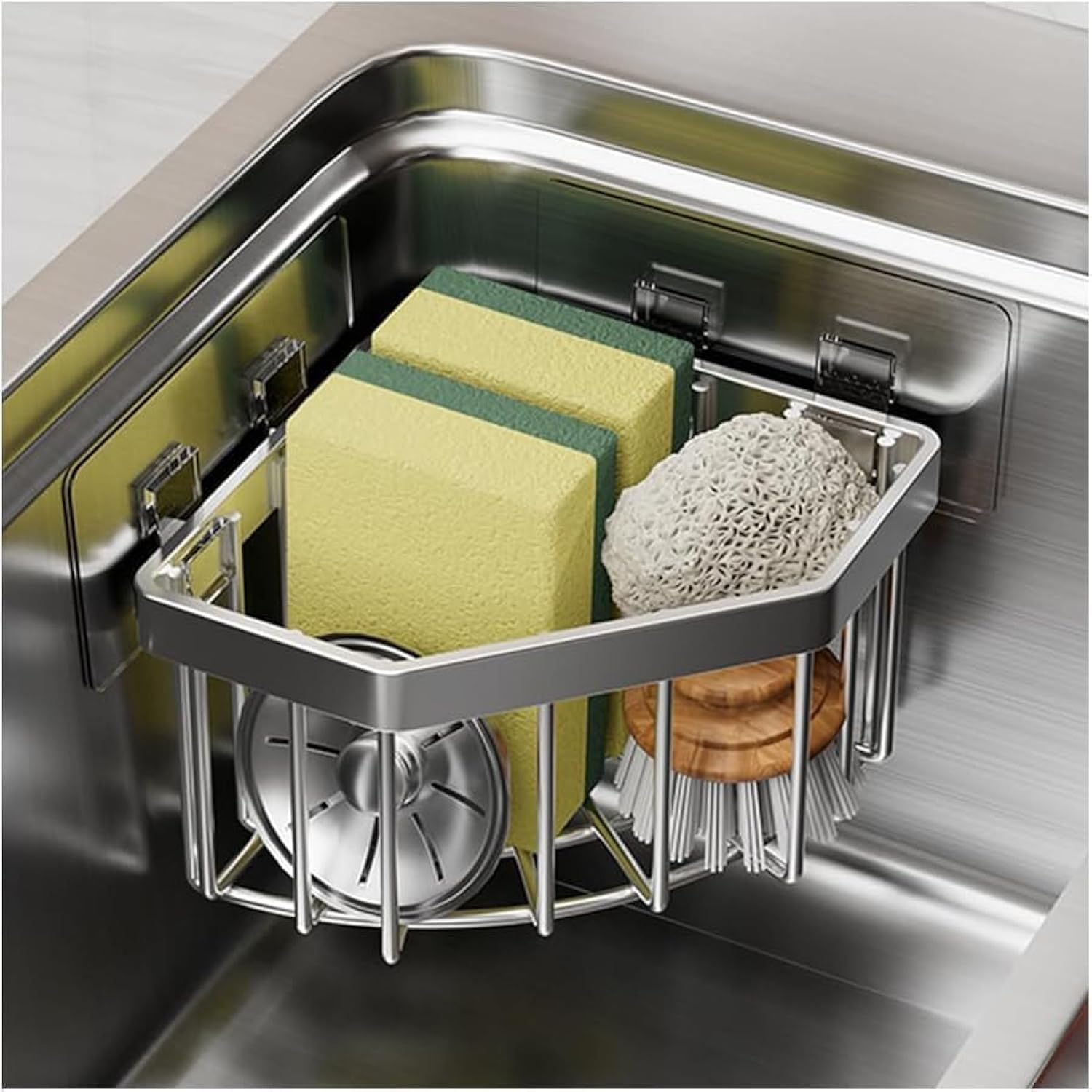Stainless Steel Corner Sink Caddy, No-Drilling Sponge Soap Holder with 2 Adhesive Hooks, Perfect for Kitchen Bathroom Organization, Space-Saving Sink Organizer