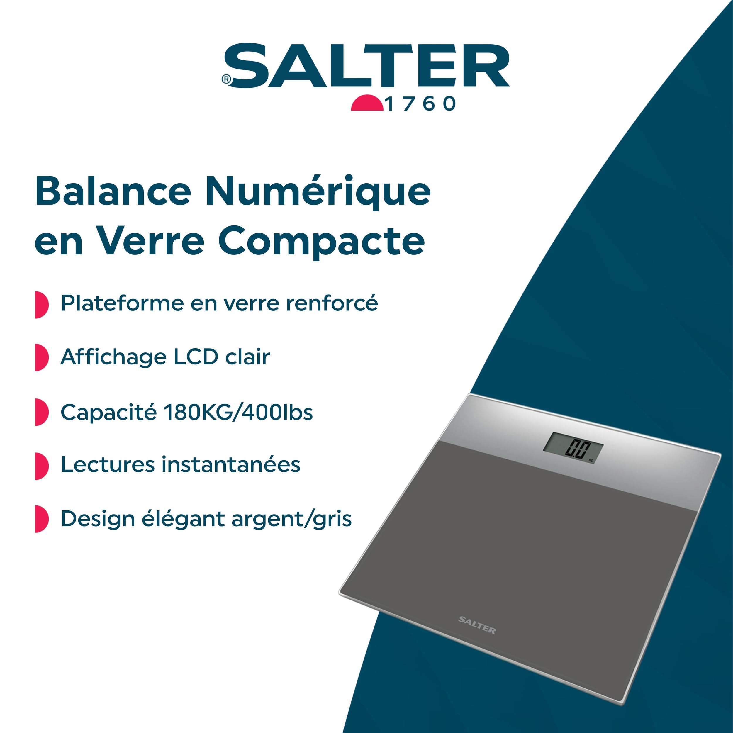 Salter 9206 SVSV3R Pèse Personne Numérique, Plateau en Verre Renforcé, Balance Personnelle Électronique, Écran Facile à Lire, Capacité Max 180KG, Garantie de 15 Ans, Argent/Gris