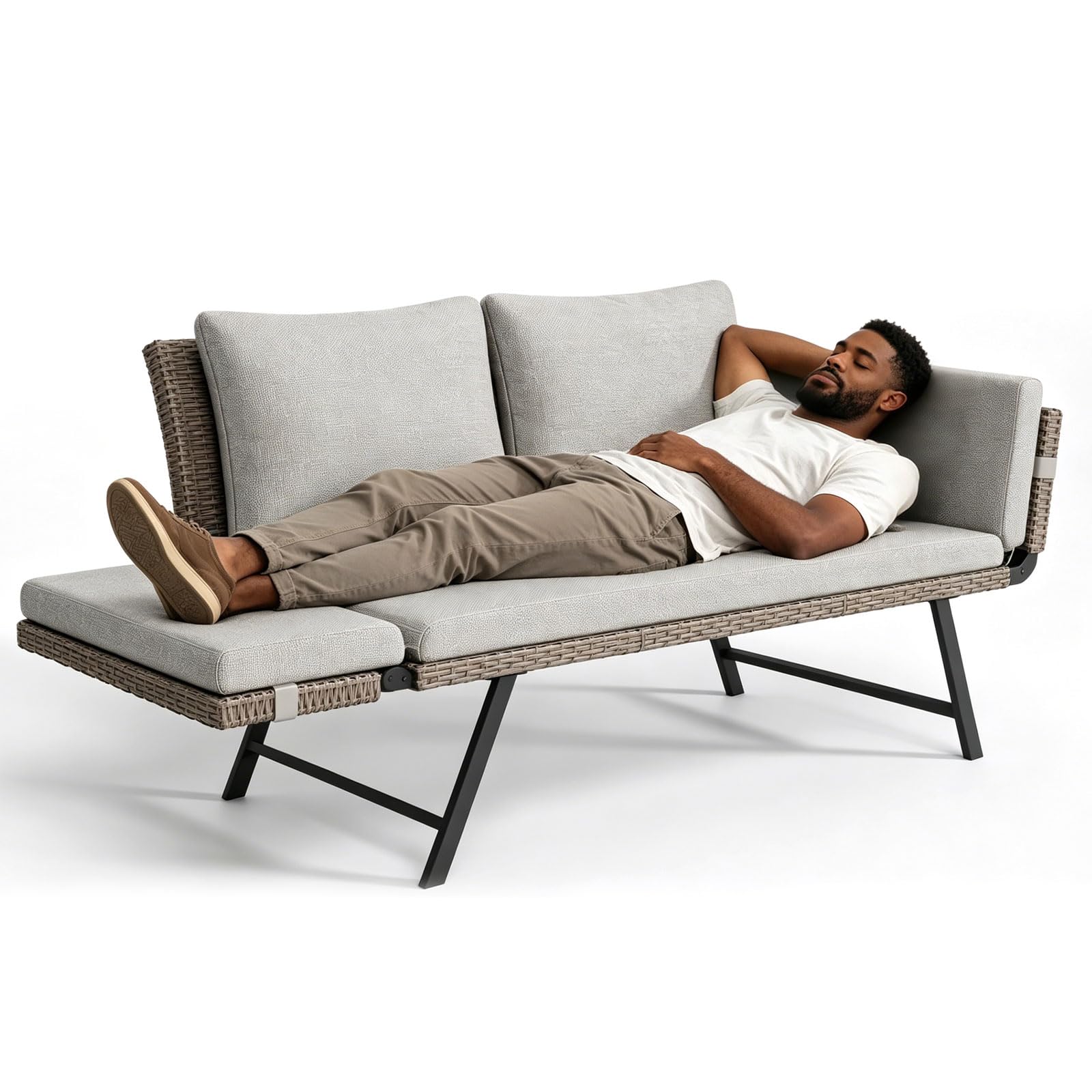 Balkonbank mit Liegefunktion,Liege Bank rattan 4-in-1 Gartenbank mit klappbaren Armlehnen,176cm Balkonsofa mit Kissen,abnehmbaren Sitzpolstern, Outdoor Lounge Sofa für Garten,Terrasse Balkon (Hell)