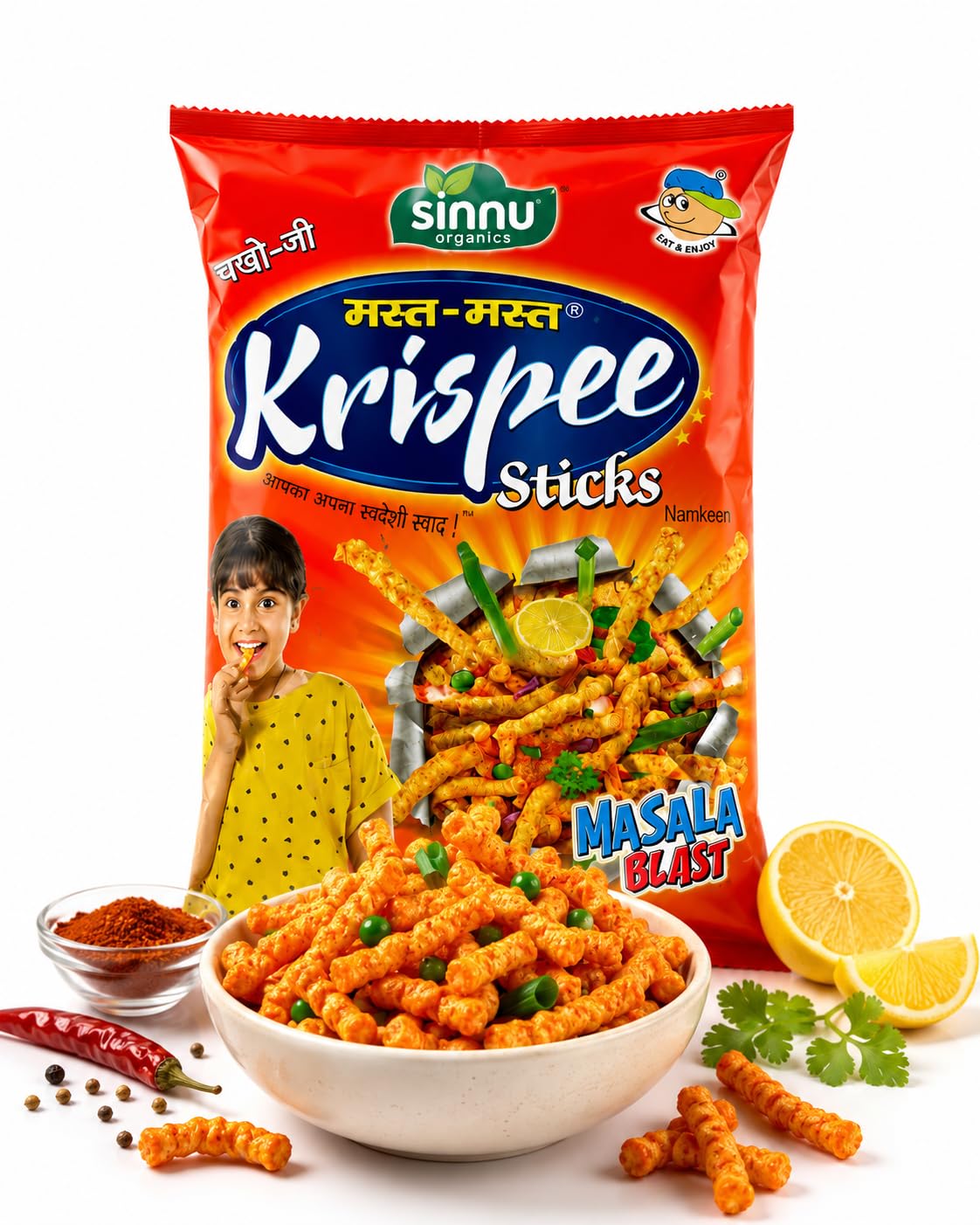 Sinnu Organics Krispee Sticks Masala Blast Namkeen, Crunchy and Spicy Kurkure Style, Tea Time Snack, 300g Pack-picture-22