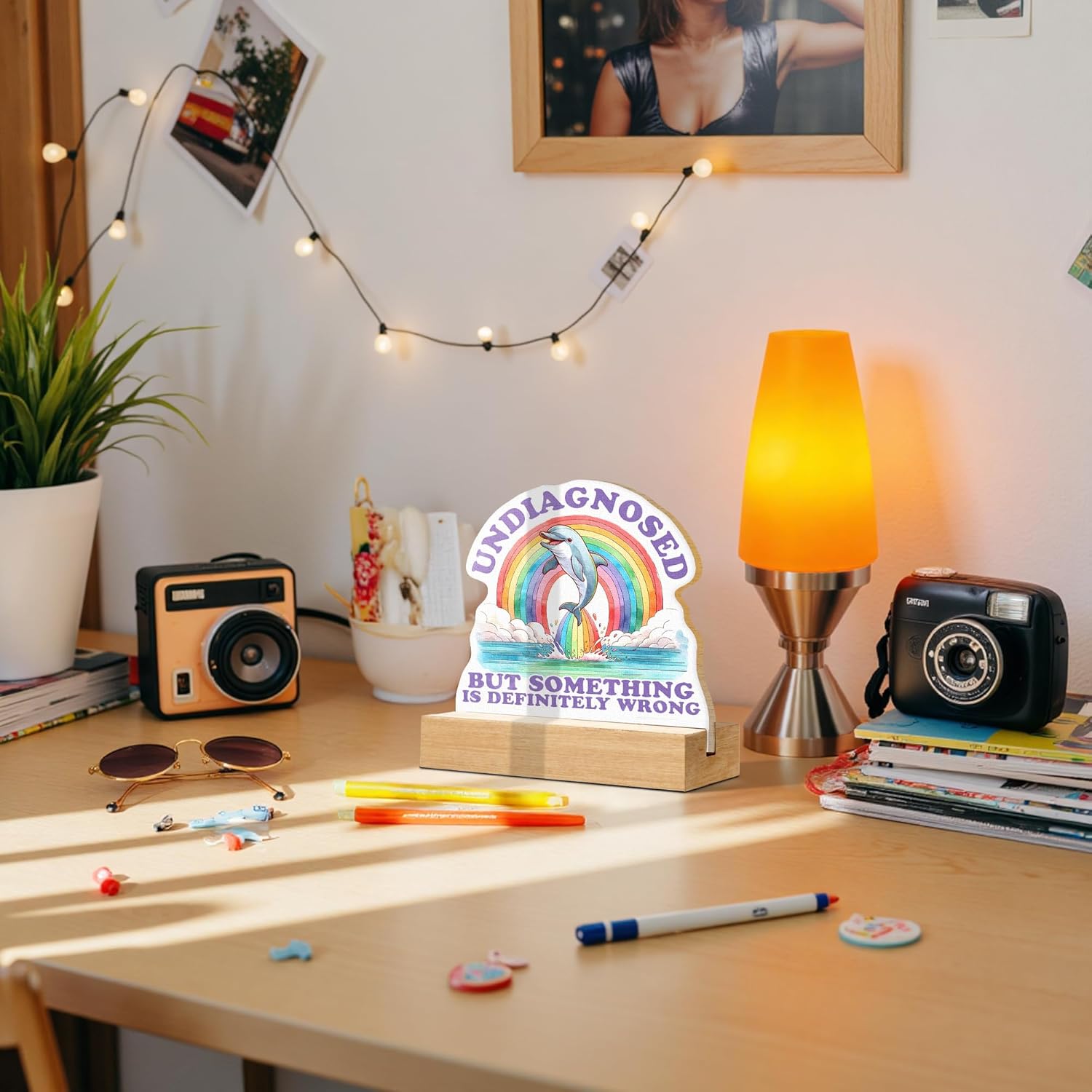 CTYNU Funny Dolphin Desk Decor Sign, Undiagnosed but Something Is Definitely Wrong Dolphin Shaped Wood Sign Plaque with Wooden Stand for Home Office Desk Decor, Funny Mental Health Gift - Image 4