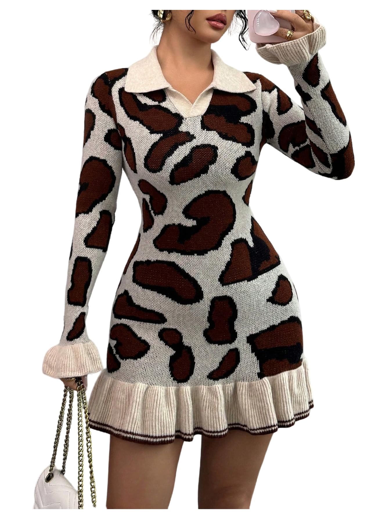 RoseSeek Women's Leopard Print Sweater Dress Cheetah Ruffle Hem Mini Dress