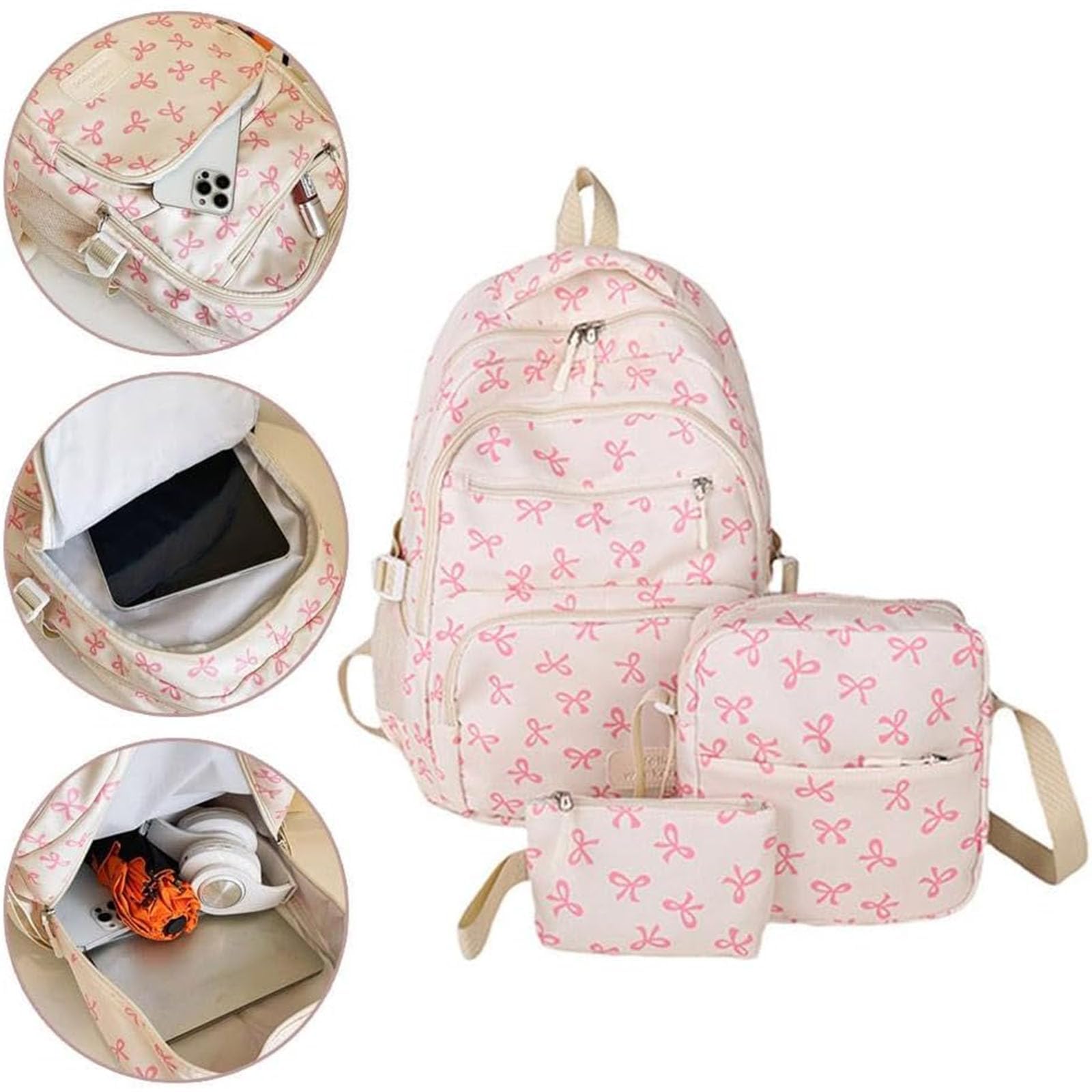 Rucksack-Set mit Schleife für Mädchen, Damenrucksack, adrette Schultasche, rosa Schultasche, 3-teiliges Rucksack-Set mit Schleife für Damen, für Grundschule