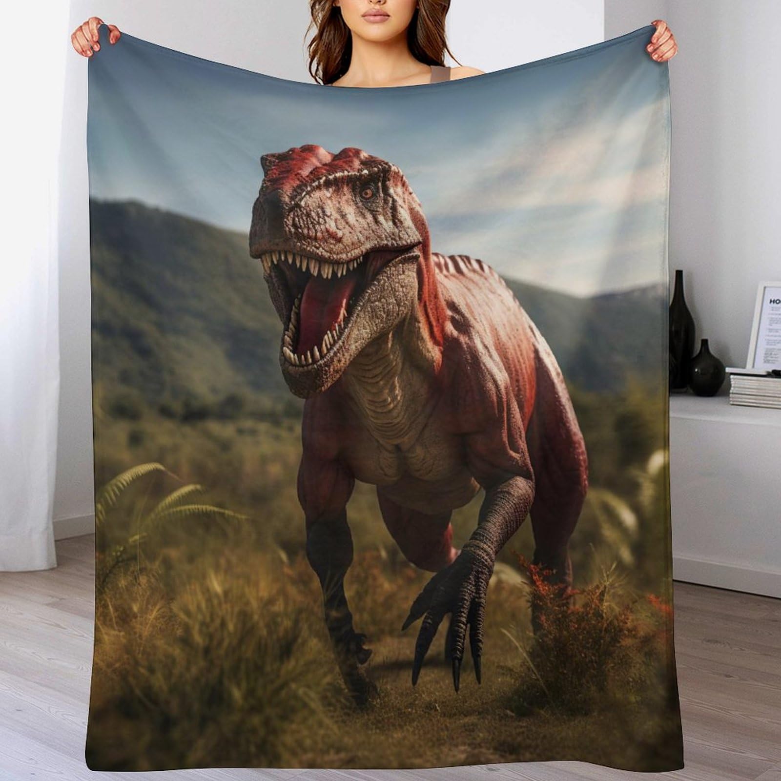 Couverture douce en flannel dinosaure 130x180cm, plaid polaire toutes saisons
