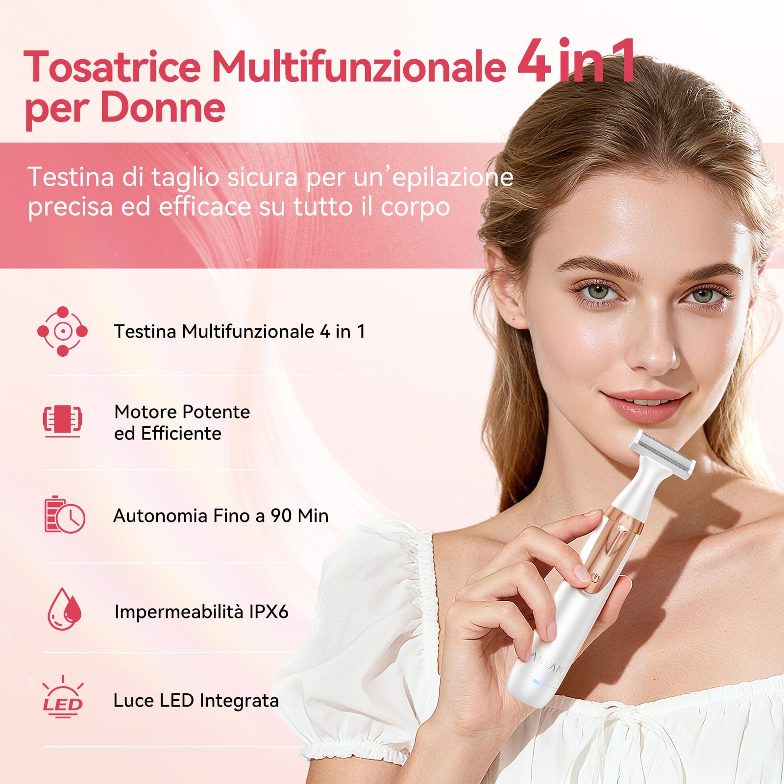ANLAN Rasoio Elettrico Donna 4-in-1 Depilatore Corpo Donna Kit Rasoio Intimo con LED Display, IPX6 Impermeabile Rasoio Elettrico Corpo per Viso, Corpo e Inguine 90 Minuti di Autonomia