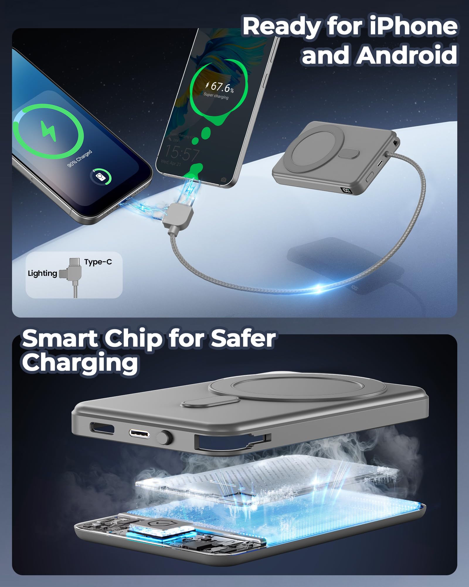 golioklsy Cargador portátil, cargador de teléfono de 10000 mAh con cable integrado, carga rápida PD de 20 W, paquete de batería delgado con pantalla LED, esencial de viaje para iPhone 17/16/15/14