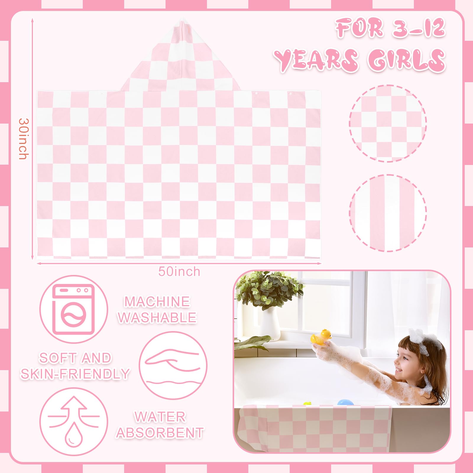 2 toallas de baño con capucha para niños de 50 x 30 pulgadas, toallas de baño con capucha para niños, toallas de baño de microfibra rosa, toallas de baño para piscina, toalla de playa para 6