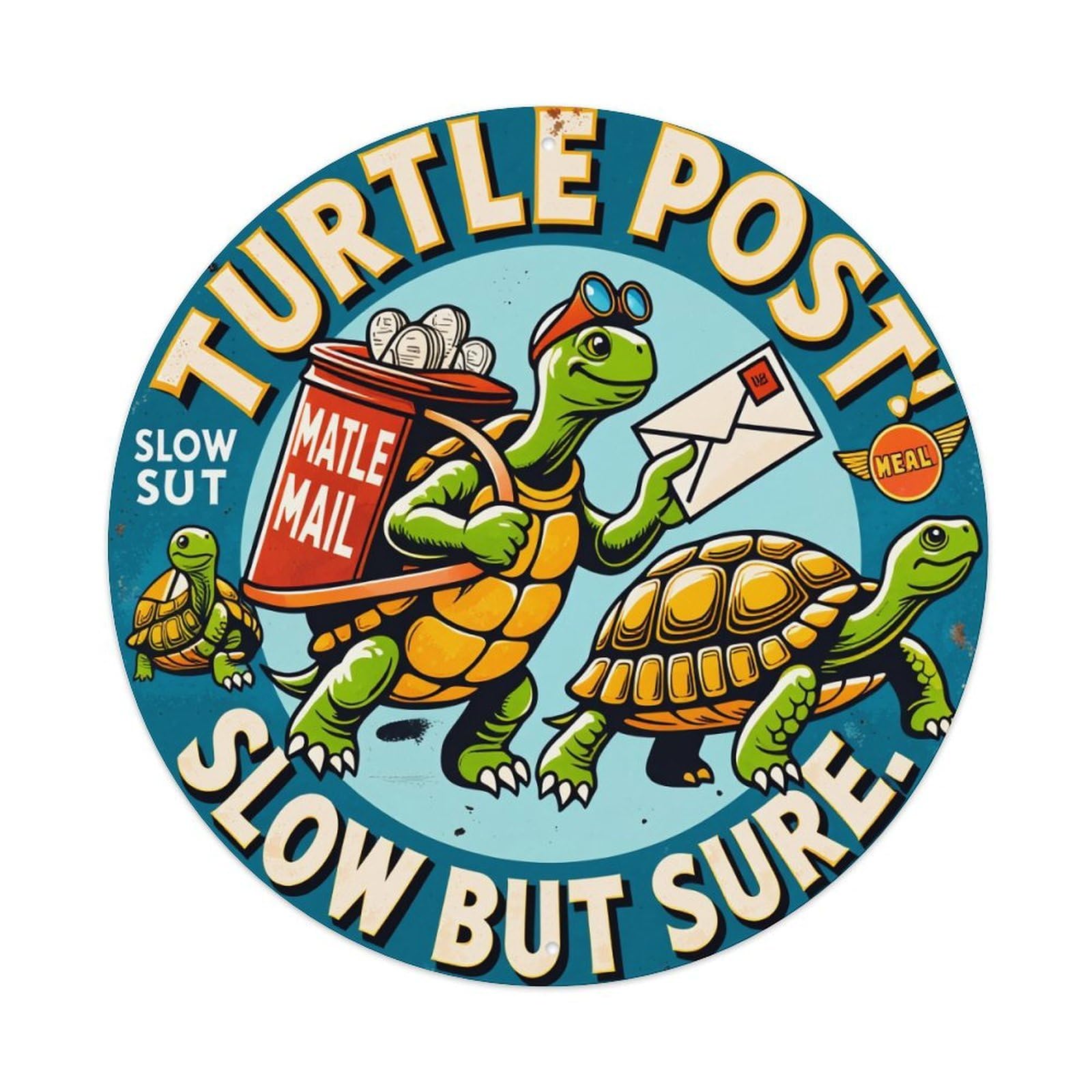 Turtle Post Mail Service Logo Round Tin Sign Retro Metal Sign for Cafe Bar Pub Home Game Room Gym Club Wall Decoration Vintage Metal Poster 8x8 Inch