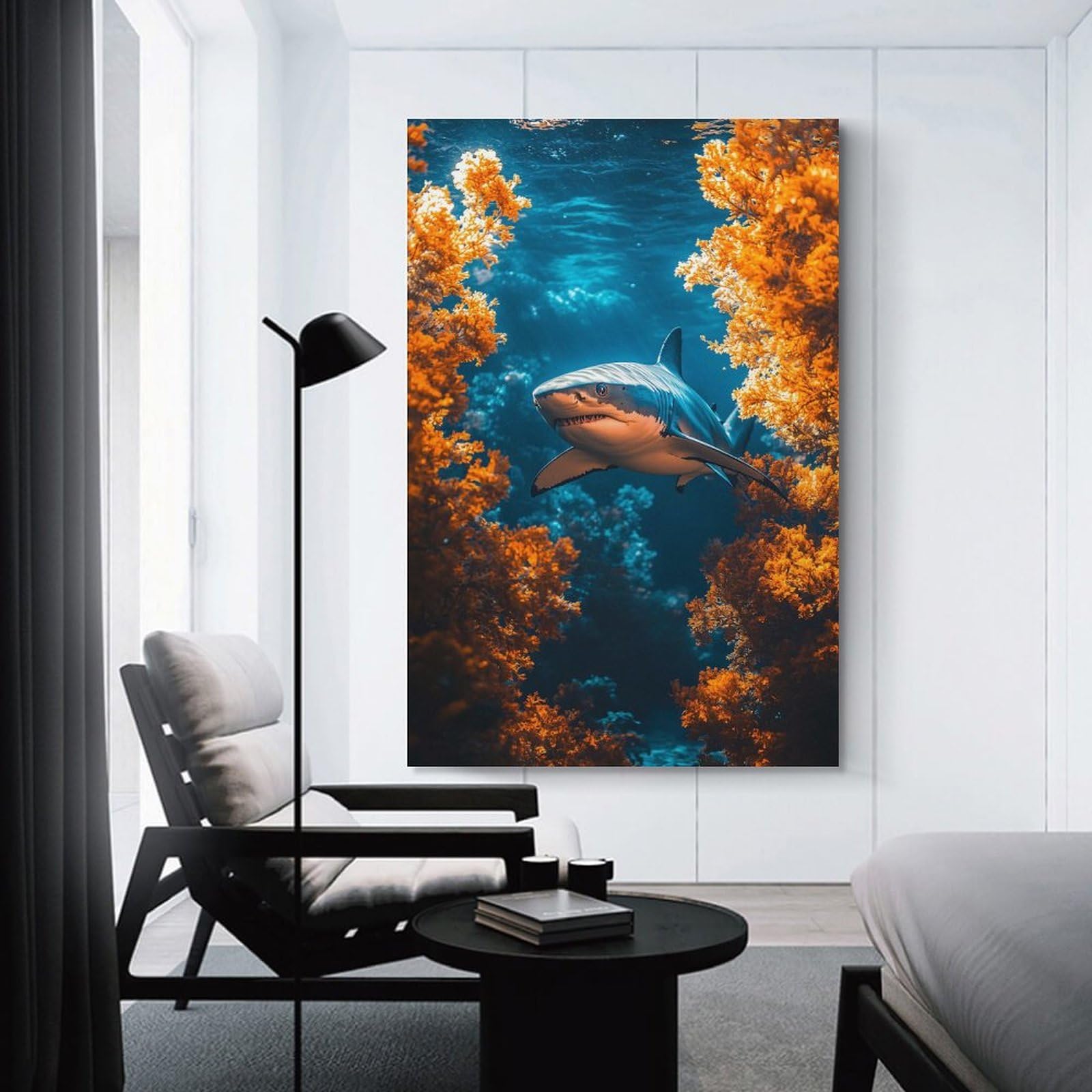 Junmoney Great White Shark in Coral Reef Canvas Wall Decor 08x12inch(20x30cm), for Corridors, Hallways Or Apartment Entries, A Stylish Accent for Home Entrances