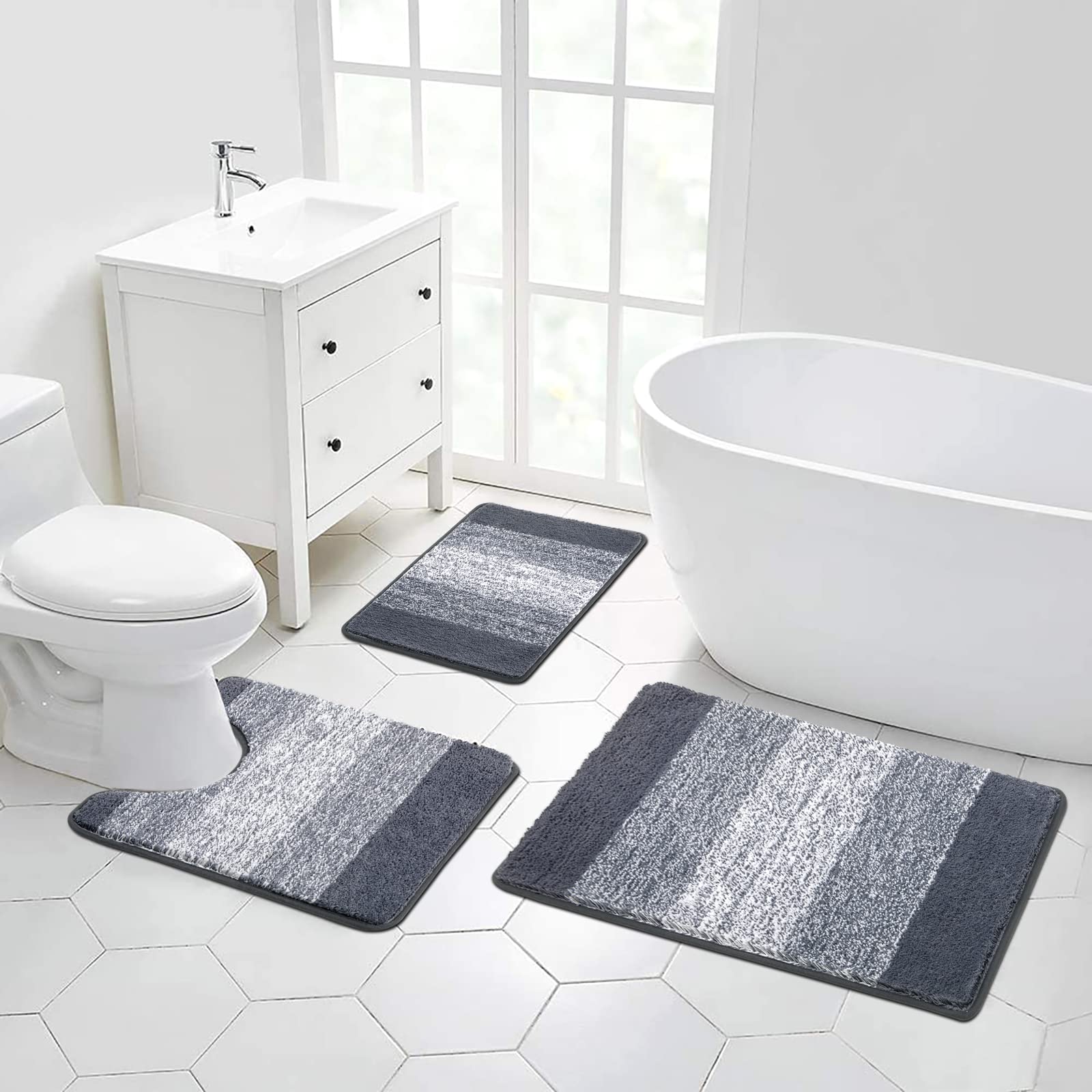 Enyhom Badezimmerteppich Set 3 Teilig Waschbar rutschfeste Badematte Toilettenmatte Weich Saugfähige Bad Teppiche Set Bettvorleger Mikrofaser Duschvorleger für Schlafzimmer Badezimmer, Dunkelgrau