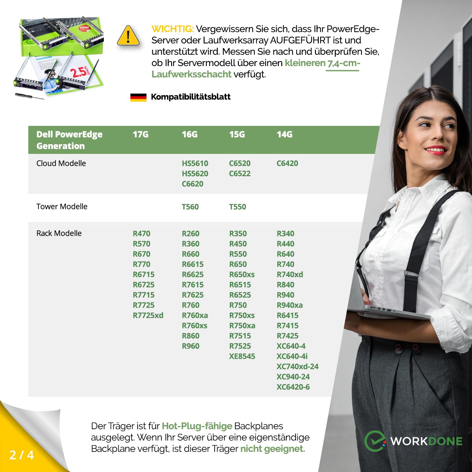 WorkDone 4er Pack - 2,5-Zoll Hard Drive Caddy Tray - kompatibel für Dell PowerEdge Server und XC-Serie - 14th Gen R440 R640 R740 R740xd R840 R940 R6415 R7425 - DXD9H SSD SAS Gehäuseträger
