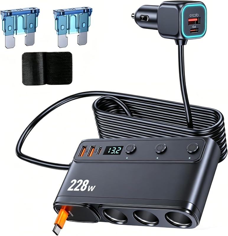 Adaptador de acendedor automotivo FMIIFMS 9 em 1, divisor com 3 tomadas, 228 W, PD 45 W e display de tensão – 12 V/24 V