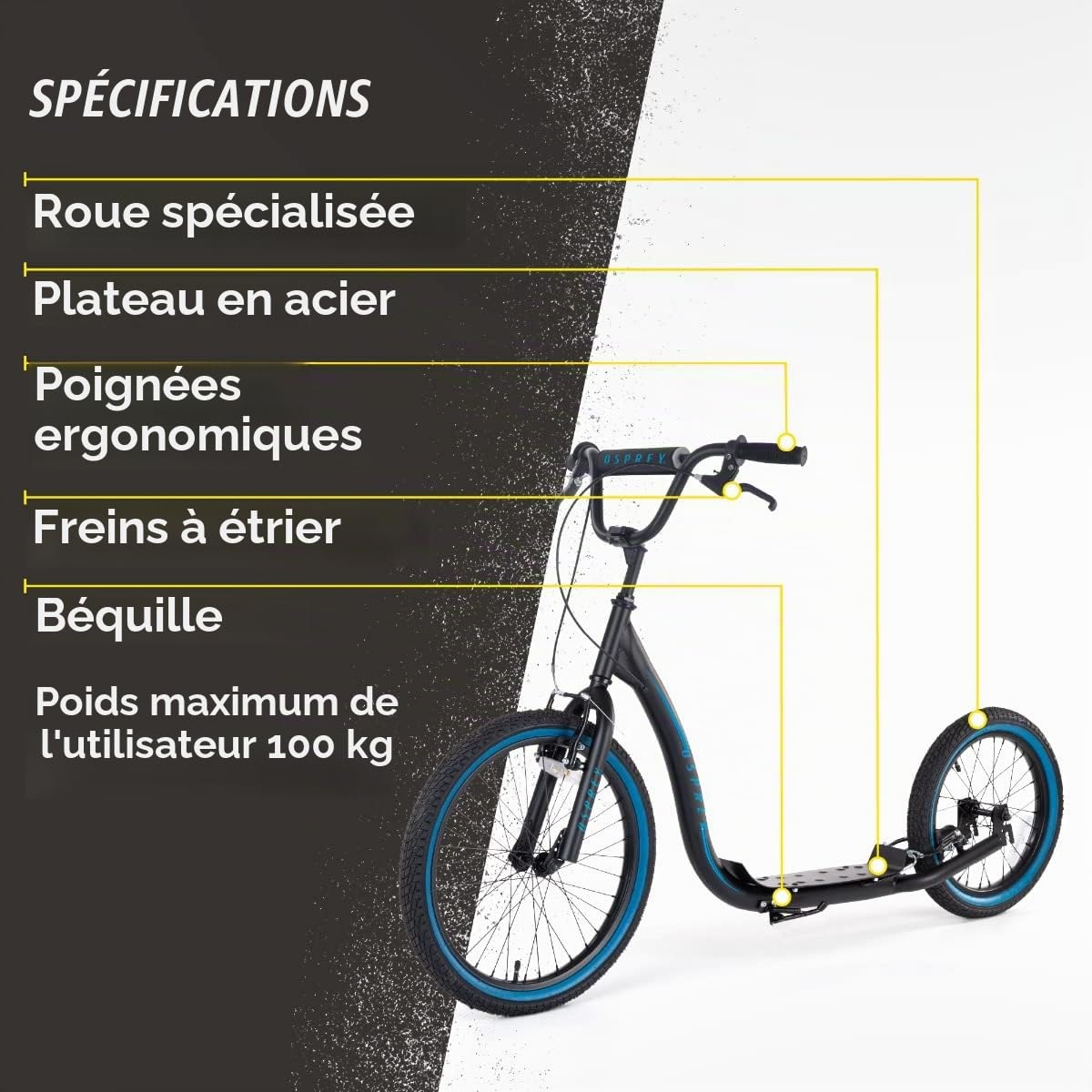 Osprey Trottinette BMX pour Adultes et Adolescents avec Grandes Roues et Guidon réglable pour Tout-Terrain, Plusieurs Couleurs