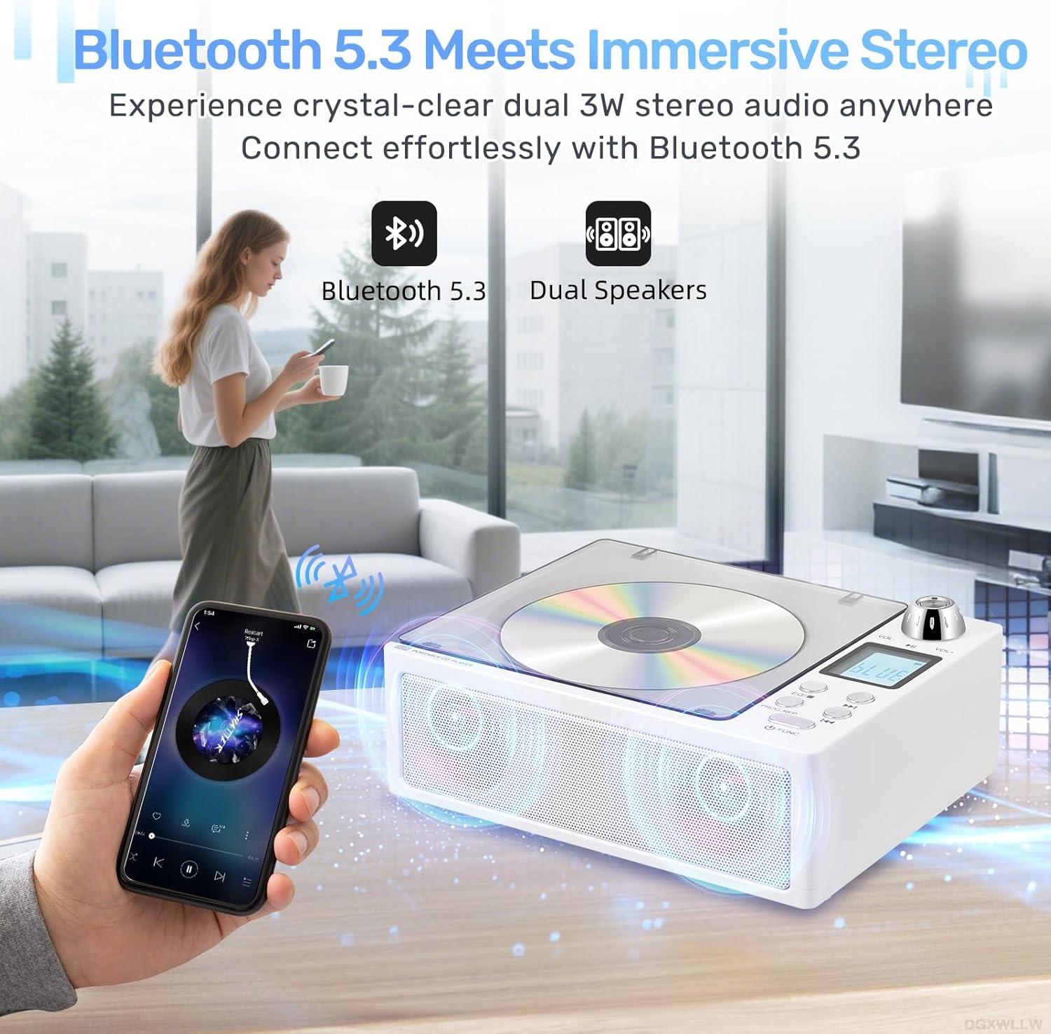 Bluetooth Portable CD Player with Dual Stereo Speakers, 4000mAh Rechargeable Boombox with Dust Cover, FM Radio, USB/AUX/TF, Remote Control, Aesthetic Audio Player for Home Decor, Study, Gifts