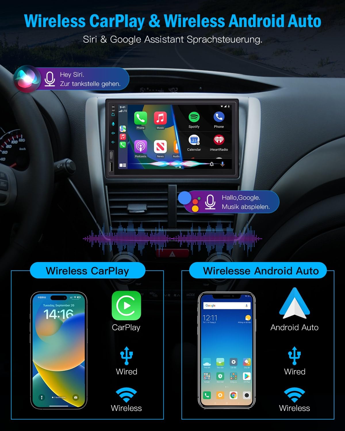 Doppel Din Radio Apple Carplay 7 Zoll 2Din Android Auto Autoradio mit HD IPS Bildschirm, Doppeldin Car Play Auto Radio Touch Display mit Navi, Bluetooth, AM/FM SWC
