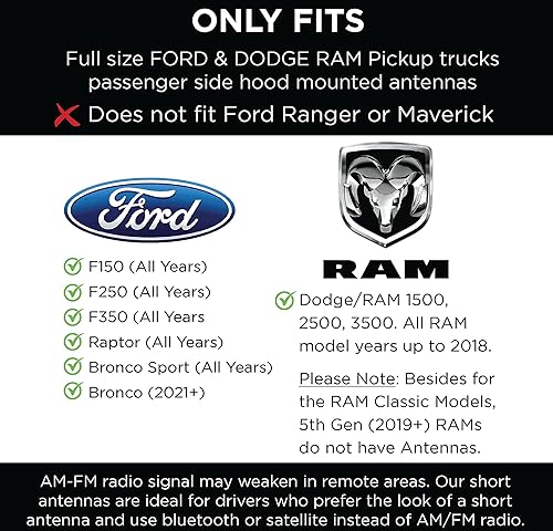 Miniatura 2 de EcoAuto Antena corta Ford compatible con F150 F250 F350 Super Duty, Bronco, accesorios Ford Raptor y antena de coche Dodge RAM - Diseño antirrobo -