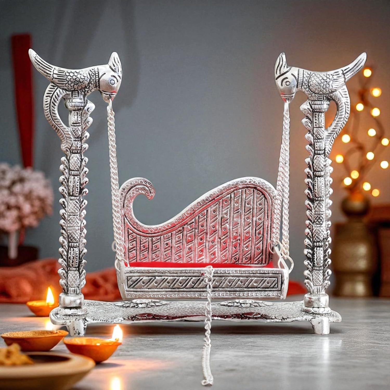 KridayKraft Metal Swing Laddu Gopal Jhula,Krishna Hindola Palana,Decorative Laddu Gopal for Temple Pooja,Showpiece Figurines,Religious Idol Gift Article.-picture-31