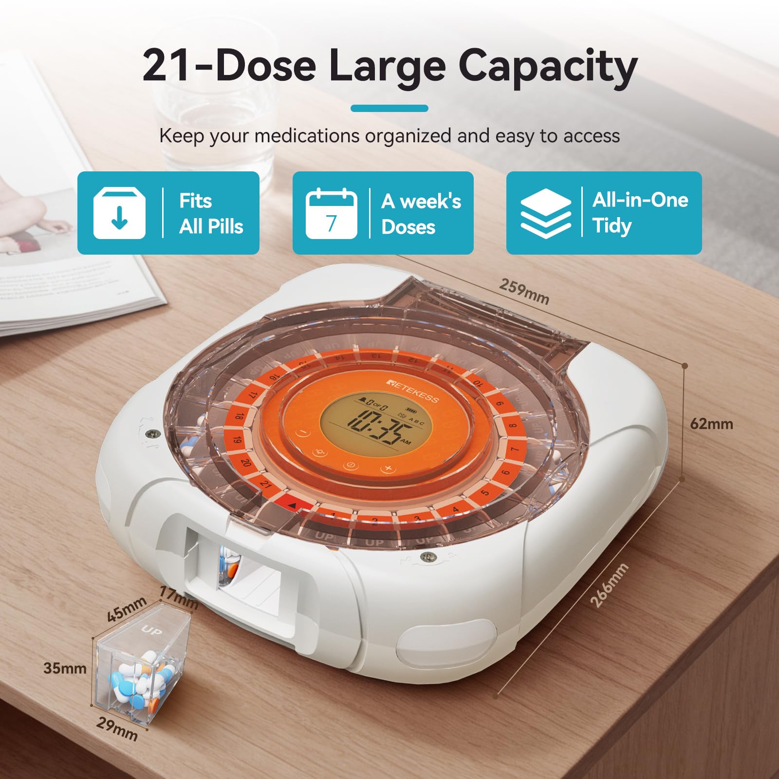 Retekess TH017 Distributeur Automatique de pilules, Distribution Automatique des Médicaments, Facile à Utiliser, 21 Compartiments, Fonction Mémoire en cas de Coupure de Courant, pour les Personnes âgé
