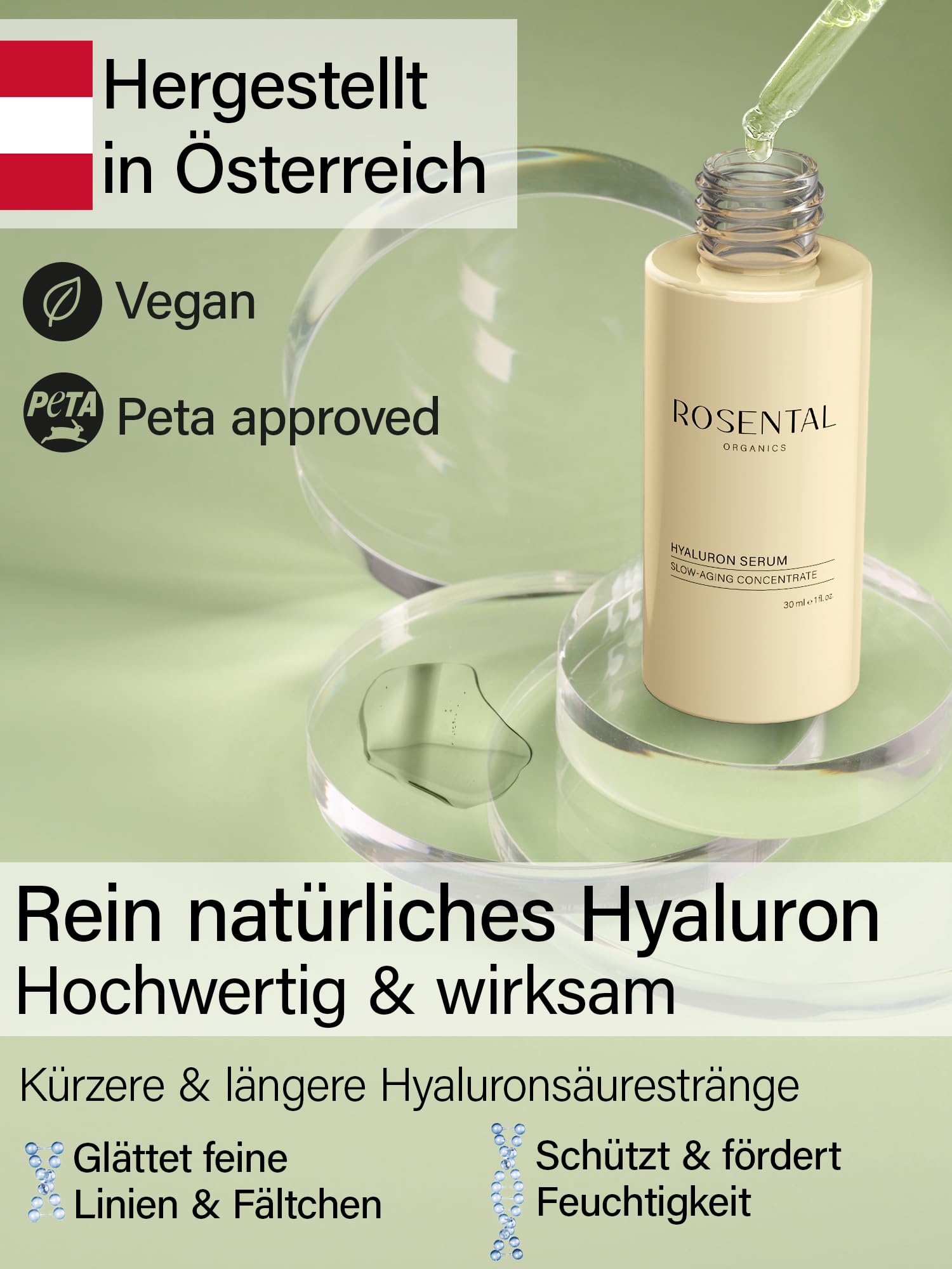 ROSENTAL Organics Sérum hialurónico, alta dosis de ácido hialurónico, cuidado facial hidratante, antienvejecimiento, cosmética natural (30 ml)