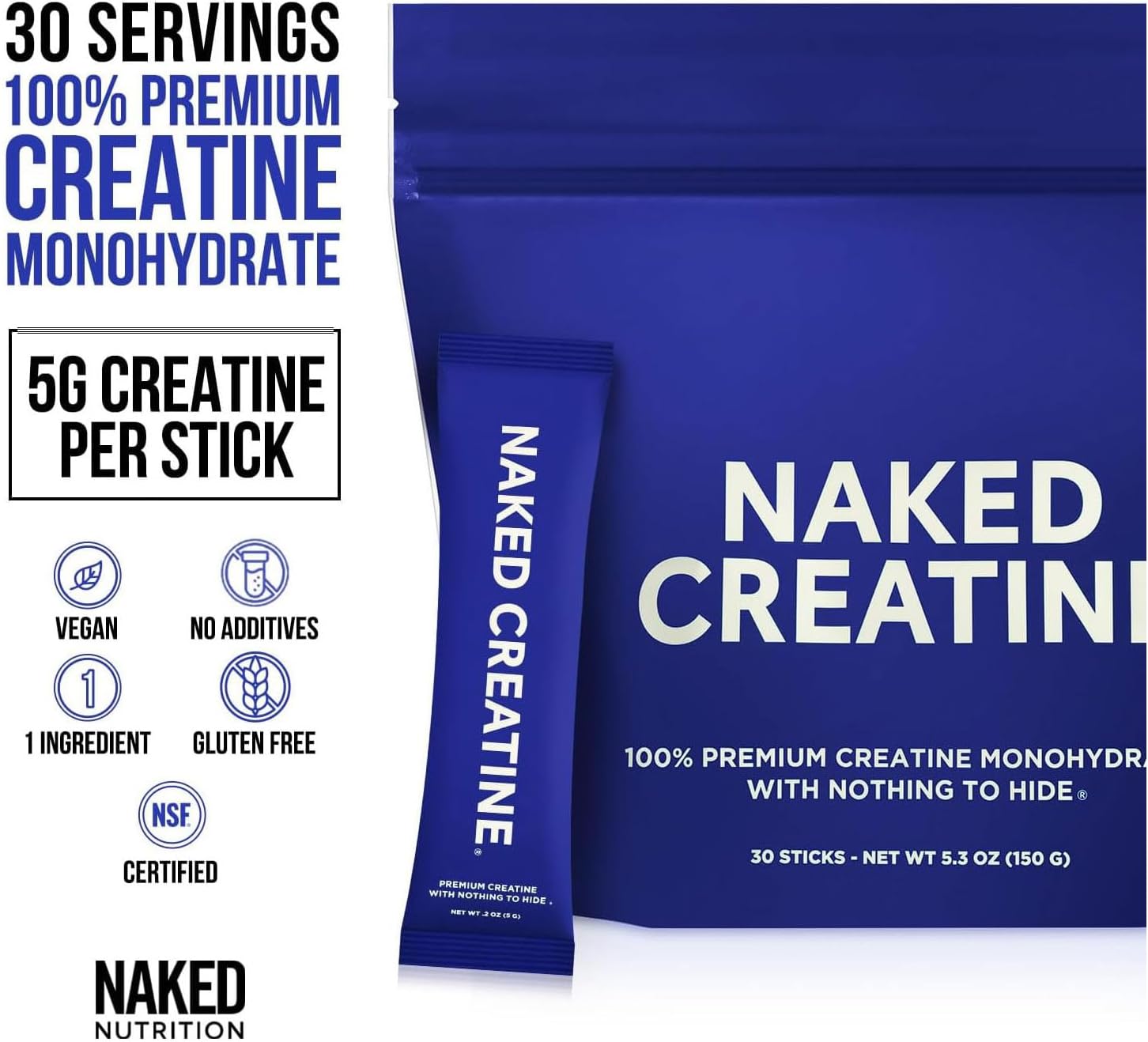 Naked Creatine Stick Packs - Unflavored Micronized Creatine,...