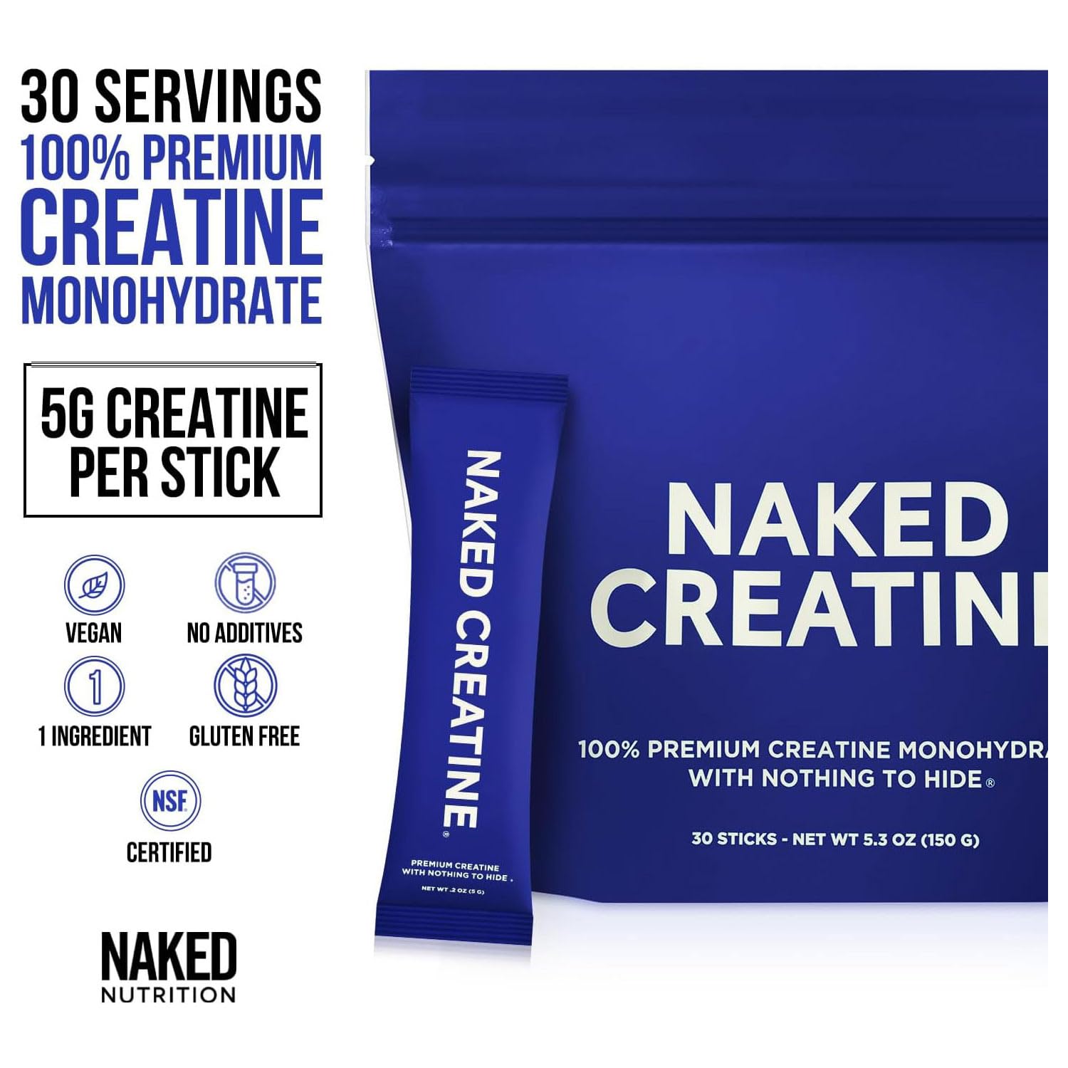 NAKED Pure Micronized Creatine Monohydrate – 200 Servings, 1,000g Bulk – NSF Certified, Vegan, Non-GMO, Gluten & Soy Free - Muscle Building, Strength Training, Gym & Fitness Supplement: Unflavored 30 Servings (Pack of 1)