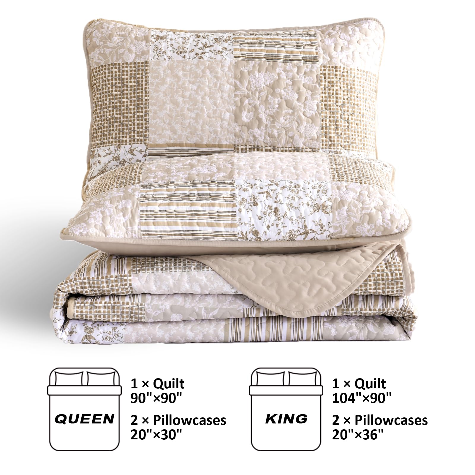 Mybedsoul - Set Copriletto Queen Size Reversibile 3 Pezzi - Patchwork Floreale E Quadri - Verde Chiaro - Microfibra Morbida