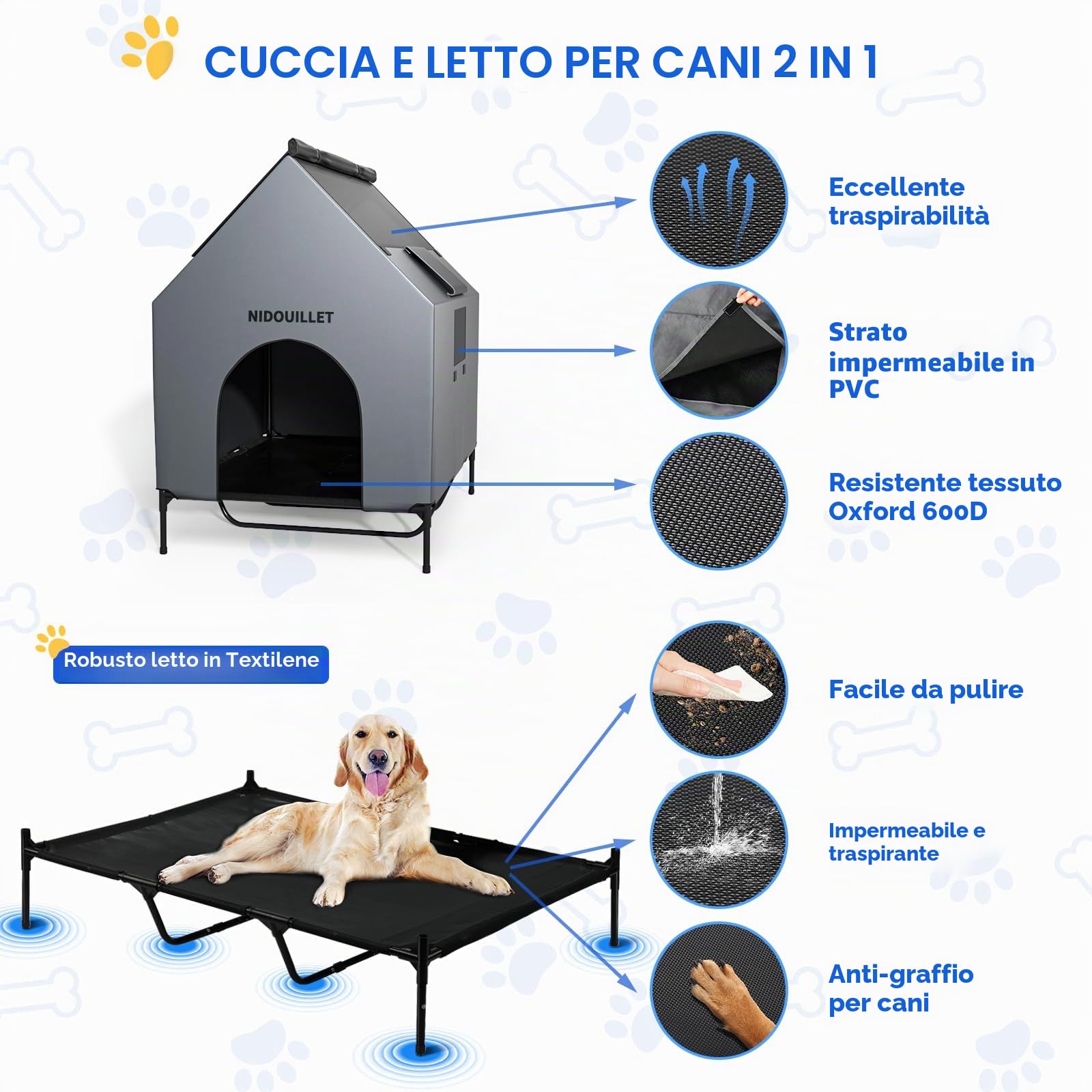 casa per cani di razza grande 122CM all'aperto o al chiuso, resistente alle intemperie 600D PVC grande casa per cuccioli, traspirante 2x1 Textilene tessuto letto per cani rialzato