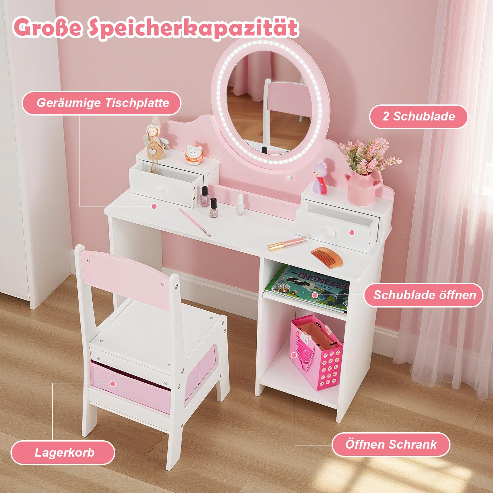JOYLDIAS 2 in 1 Schminktisch Kinder mit Hocker und LED-Spiegel, Prinzessin Frisiertisch Schreibtisch mit Schublade, Regal und Körbchen, Kinder Schminktisch für mädchen ab 3 Jahre, Rosa