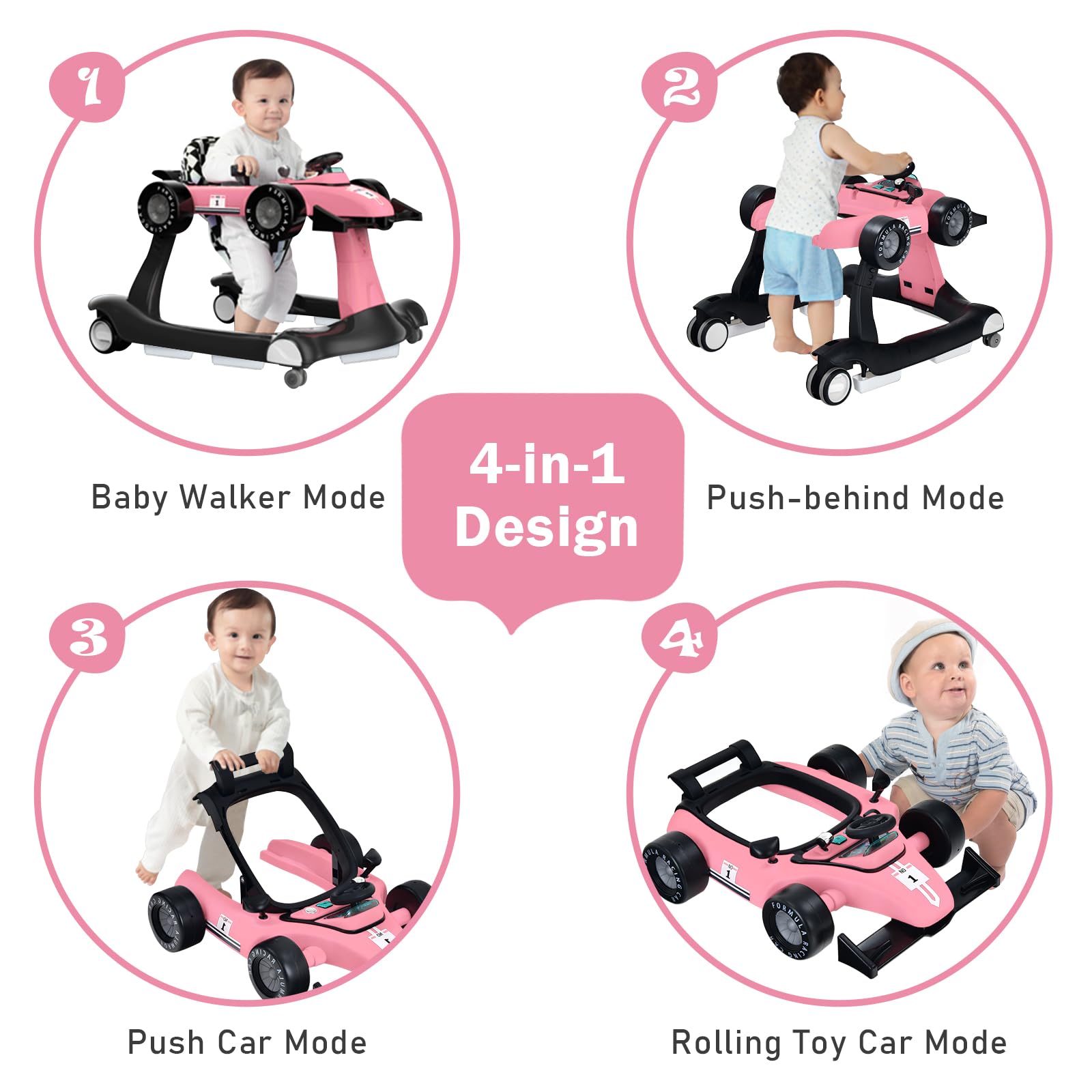 LIFEZEAL Girello Neonato 6-18 Mesi, 4 in 1, Girello per Bambini 6-18 Mesi, Baby Walker Pieghevole, con Altezza e Velocità di Ruote Regolabili, Primi Passi, con Luce e Musica, Portata 15 kg, Rosa