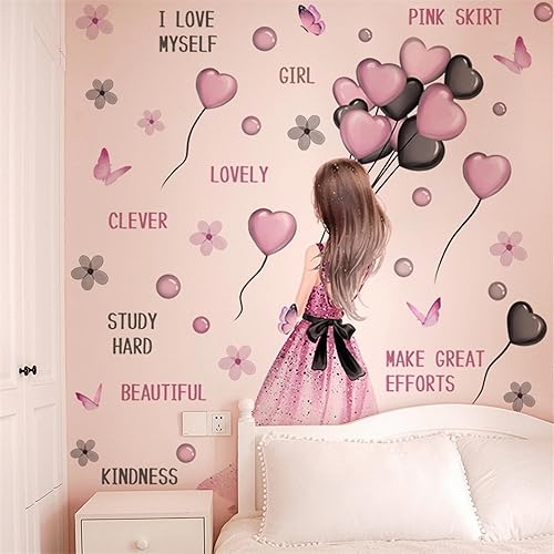 Miniatura 4 de Calcomanías de pared para niñas, globos de corazón de amor, pétalos de burbujas de mariposa rosa y negro, citas inspiradoras, calcomanías de pared