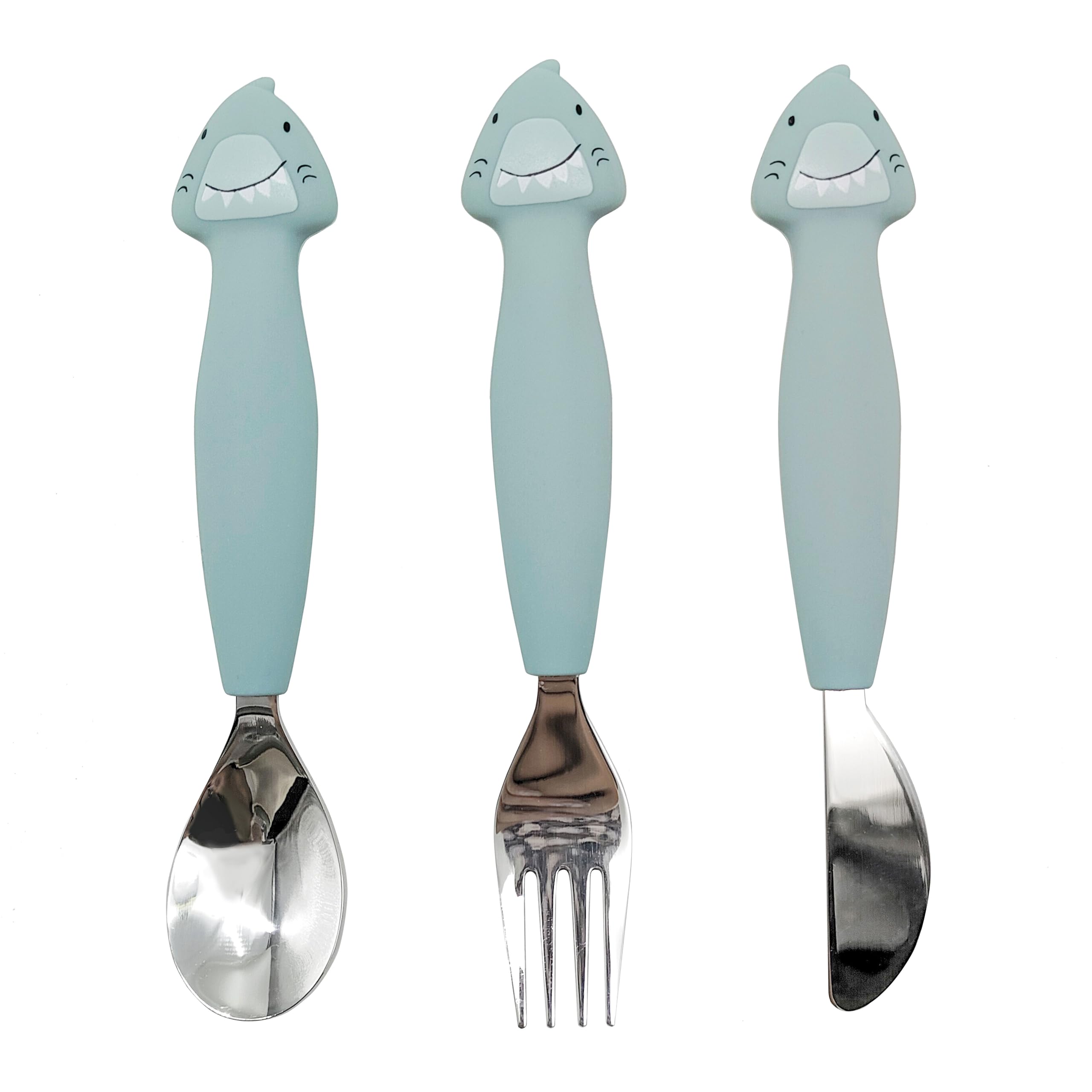Trixie - Ensemble de Couverts en Silicone et Acier Inoxydable pour Bébés et Enfants - 3 Pièces (Fourchette, Cuillère et Couteau) - Mr. Shark
