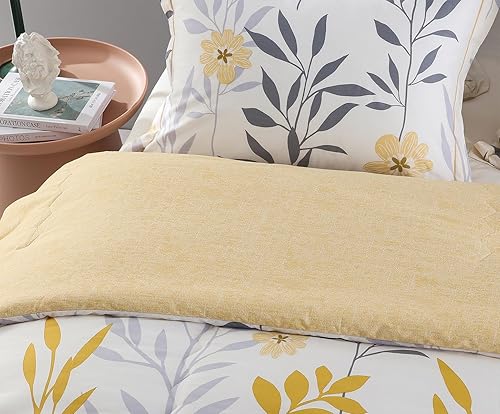 Miniatura 5 de SLEEPBELLA Juego de edredón de algodón tamaño Queen, 600 hilos de algodón con ramas grises con flores amarillas y hojas grises, juego de ropa de