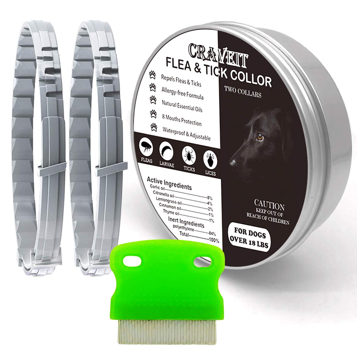 Craveit Flea and Tick Collar for Large Dog, Repels Fleas & Ticks, Natural Essential Oils, Allergy Prevention, 8-Month Protection, Adjustable & Waterproof (2 Packs) (Large)
