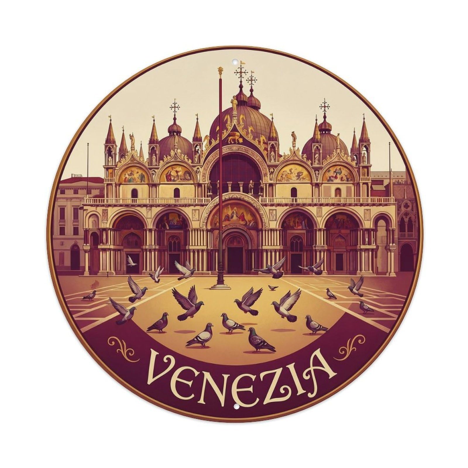 Vintage Travel Venice Basilica Square Metal Tin Sign Plaque Wall Decor for Cafe, Club Bar, Office, Home Garden Round Metal Poster 8x8Inch