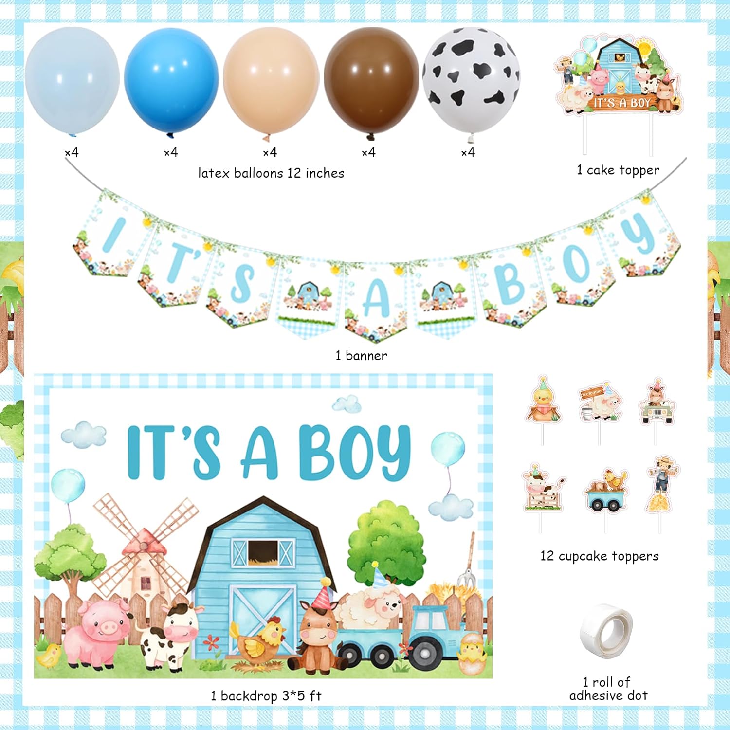 Farm Animal Baby Shower Decorations for Boy, It's A Boy Baby Shower Backdrop Banner Cow Print Balloon Farm Animal Cake Cupcake Toppers for Cowboy Theme Birthday Party