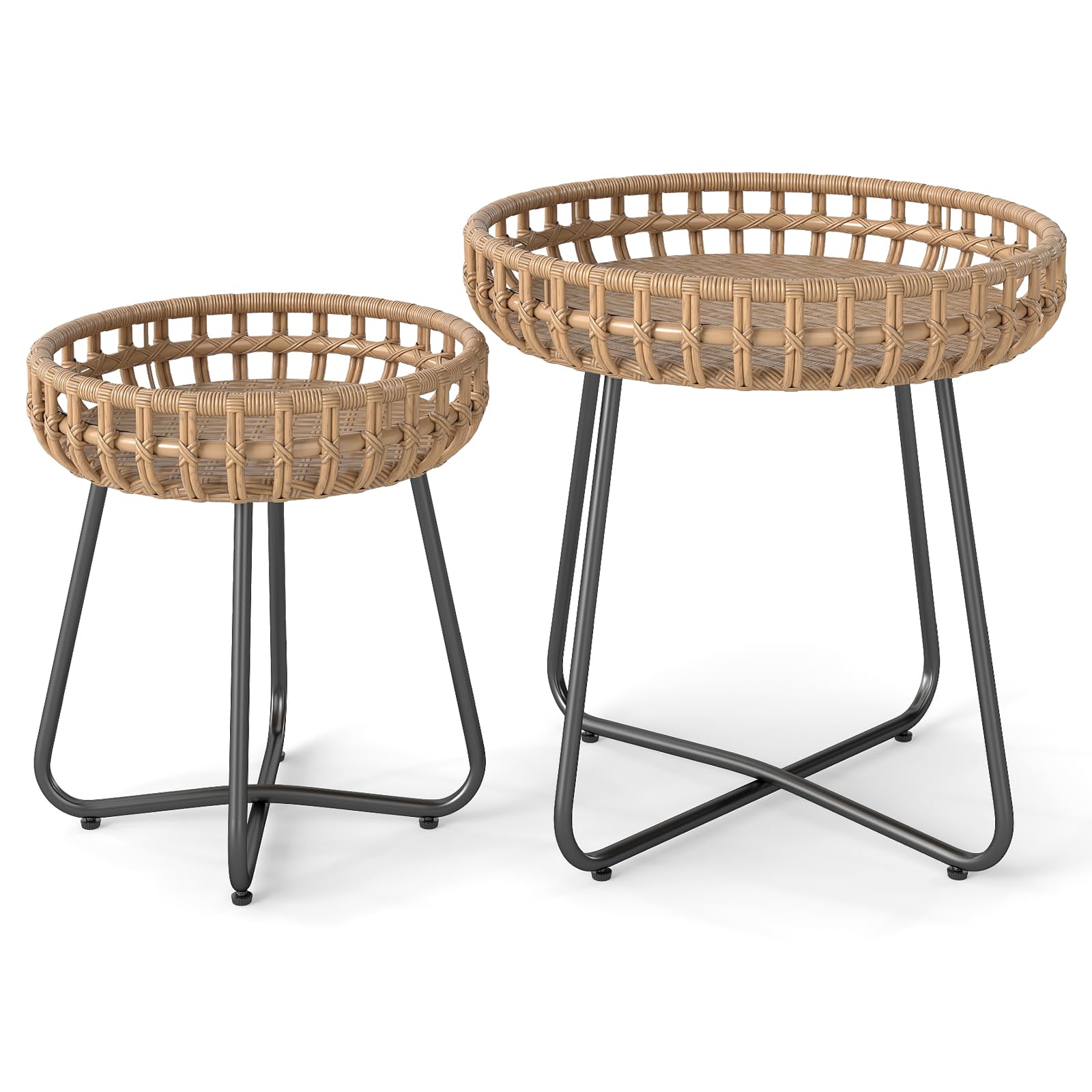 COSTWAY Set of 2 Rattan Garden Side Tables, PE Wicker Small Round Patio Coffee Table with Metal Frame, Indoor Outdoor Bistro End Snack Tea Tables for Balcony, Backyard, Porch and Living Room