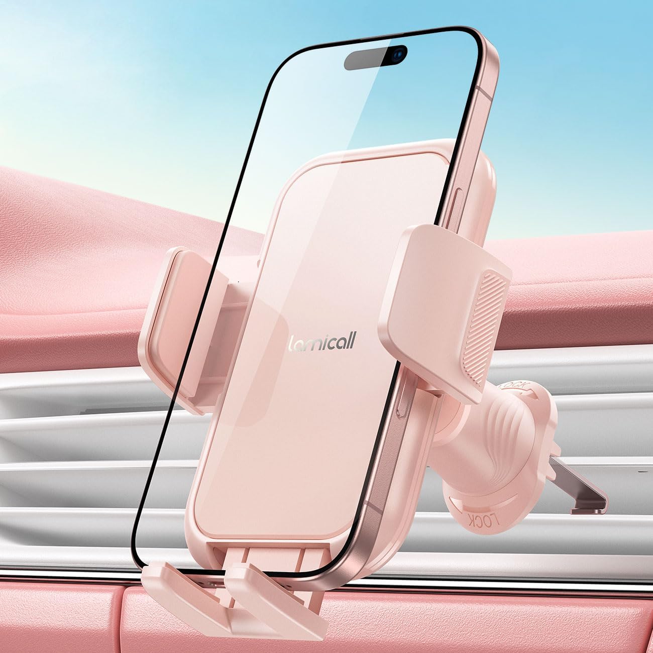 Lamicall 2026 Wider Clamp & Metal Hook Car Phone Holder Vent [Thick Cases Friendly] Phone Holders for Your Car Mount Automobile Hands Free Cradle Air Vent for iPhone 17 16 15 14 13 Pro Max Pink