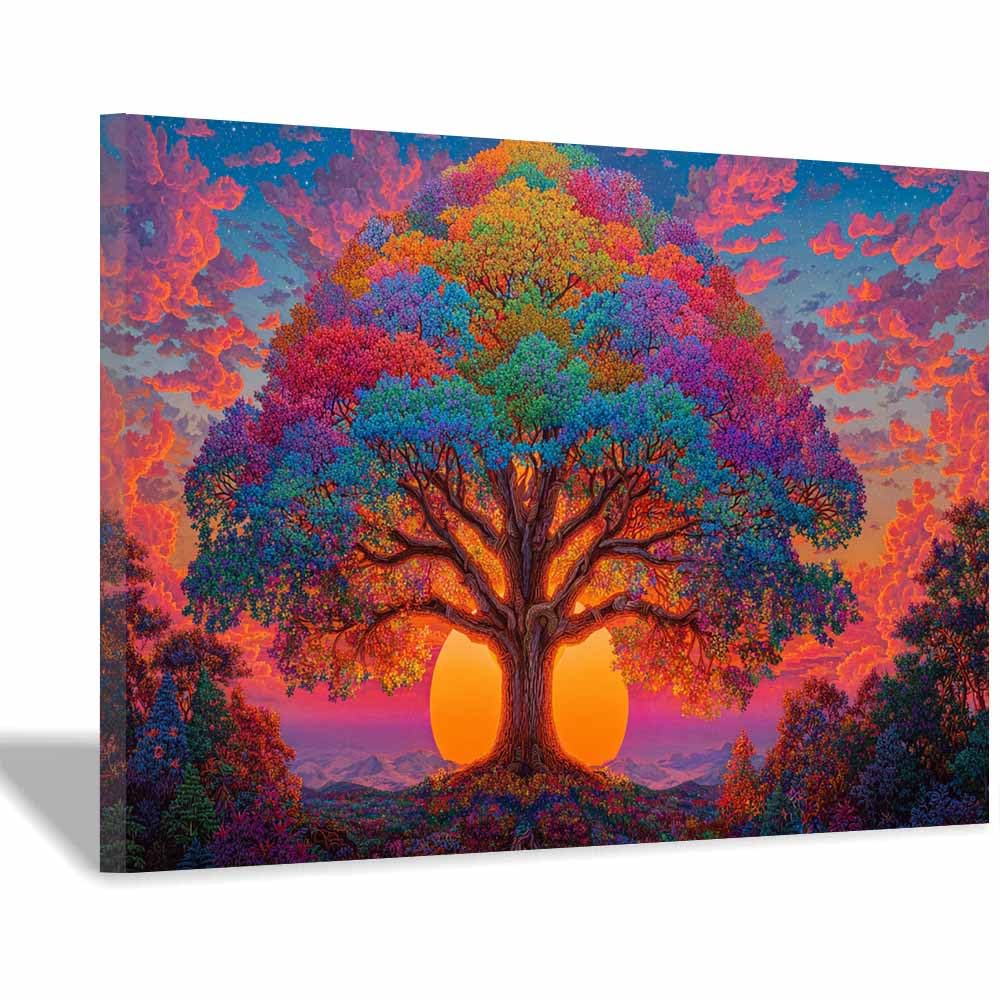 ZAMAEIU Tree of life wall decor Mountain-crest trees On Canvas Prints Poster Pictures for Living Room Bedroom Home Office Wall Decoration(multicolored)-70x100cm Framed