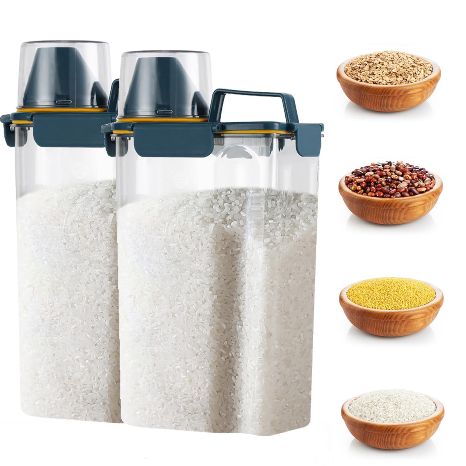 2 Pieces Rice Storage Container 3 L, Airtight Food Dispenser with Large Spout and Cup for Rice, Cereal, Flour, Oatmeal, Pet Dog Cat Food Storage