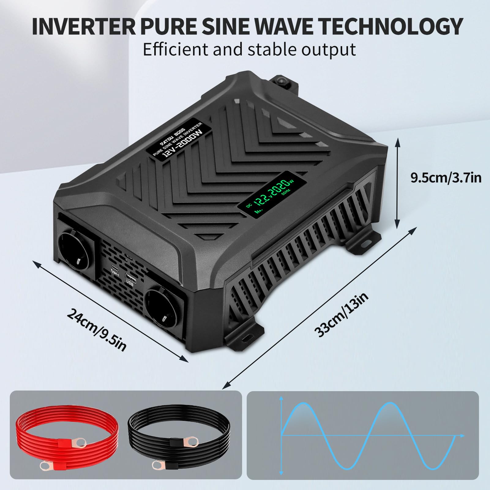 DATOUBOSS 2000W/4000W Spannungswandler 12v auf 230v Reiner Sinus Wechselrichter Power Inverter mit 2 EU Steckdosen, USB/Type-C und LCD Anzeige, Umwandler für LKW Camping Haushaltsgeräten