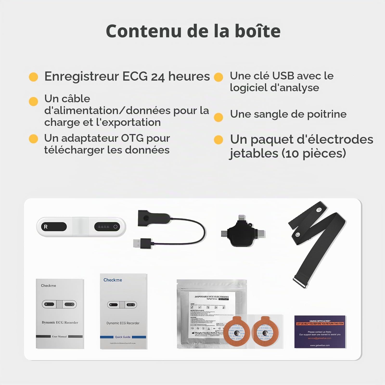 CheckMe ER1 Moniteur ECG Portable 24H pour Usage Domestique, Analyse ECG AI Holter ECG avec écran OLED, Fonction Marqueur D'événement ECG, Compatible avec Les Électrodes à pression de 4 mm