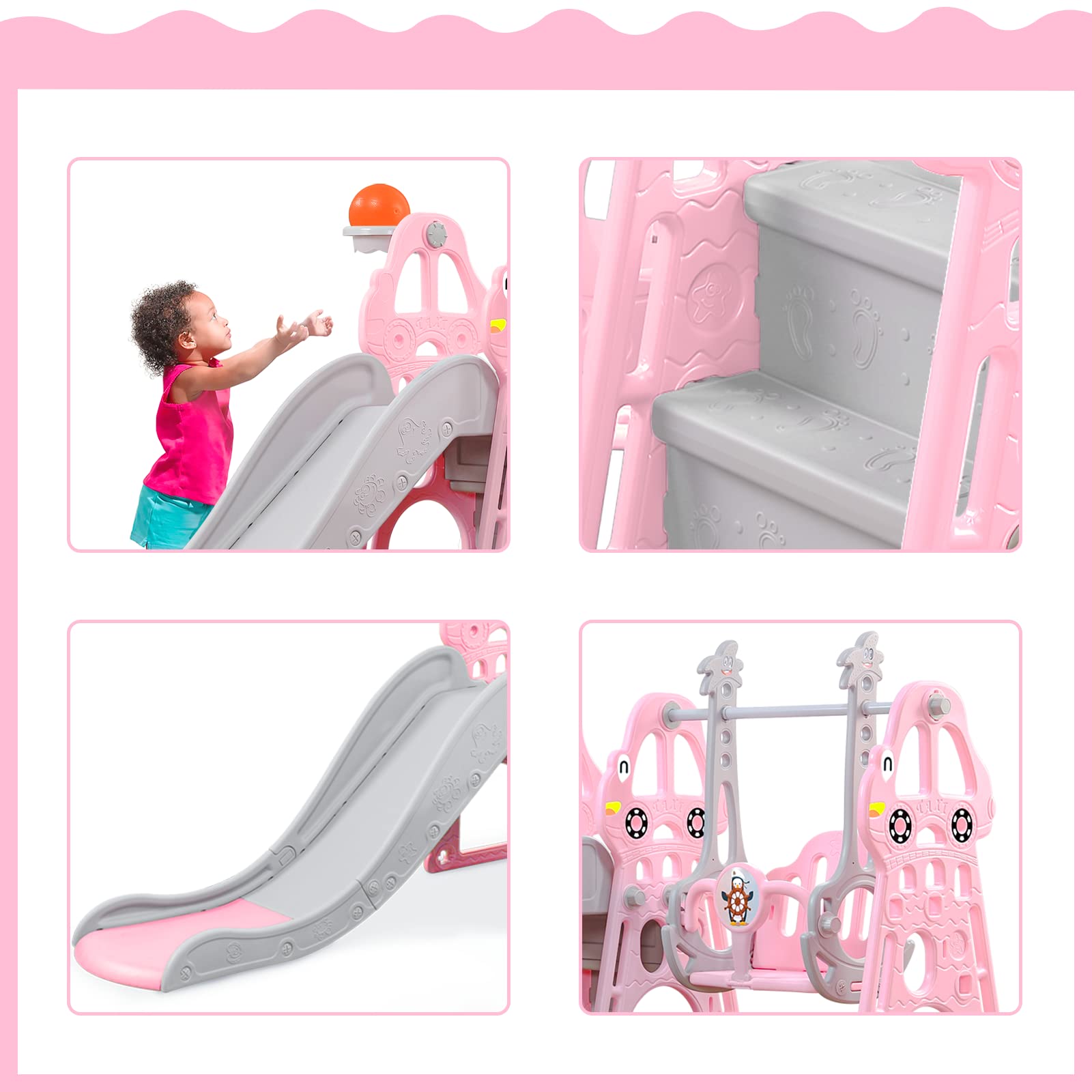 Kinderrutsche 3-in-1 mit Schaukel, Basketballkorb für Mädchen | Babyrutsche, Indoor Outdoor Spielplatz, Gartenrutsche, Kinderzimmer, Bewegungsförderun