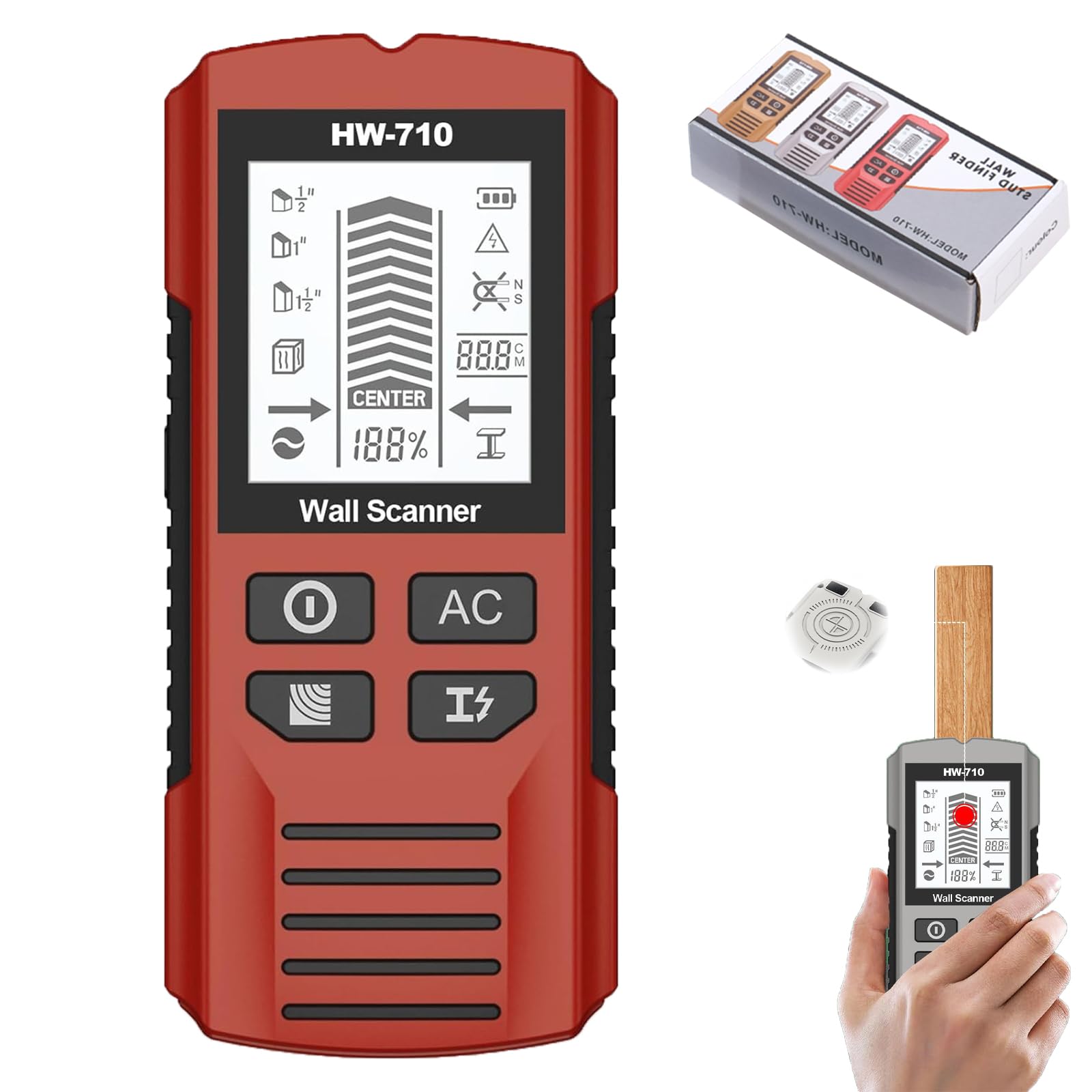 Multifunctional Handheld Metal & Wall Detector, Upgraded Portable Wire Pipe Power Scanner, 5 in 1 Wall Stud Finder Scanner for Detecting Metal, Wood and Ac Cables in The Wall (Red)