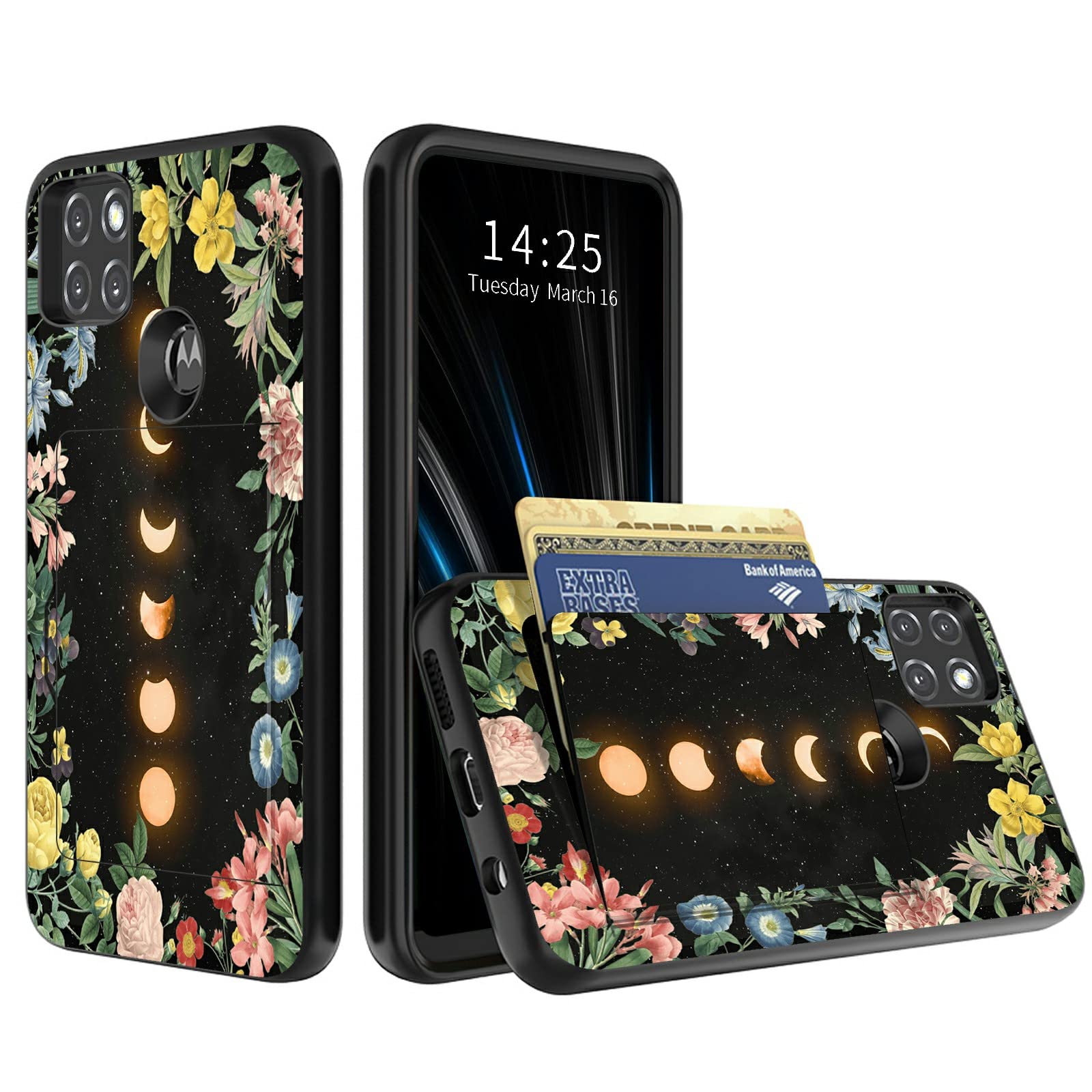 Moon Flower Wallet Case for Motorola One 5G Ace/Moto G 5G (2021) with Hidden Card Holder, Dual Layer Hybrid ID Card Slot Hard Back Soft Inner Rubber Bumper Flip Wallet Cover Shell