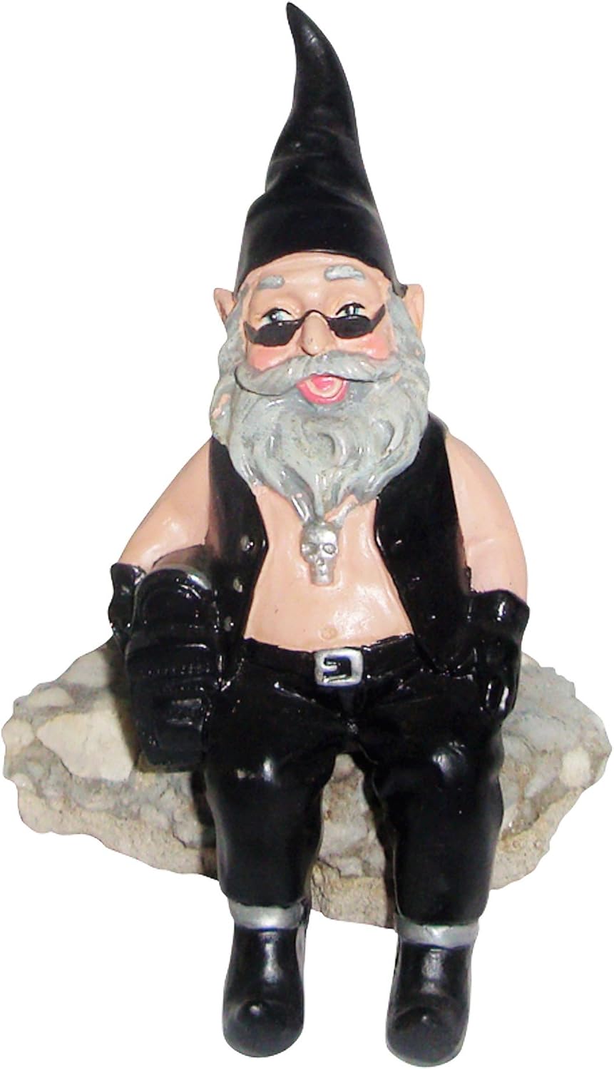 "Biker Dude The Biker Gnome Shelf Sitter in Leather Motorcycle Riding Gear Holding His Saddlebag Home & Garden Gnome Figurine 6" H