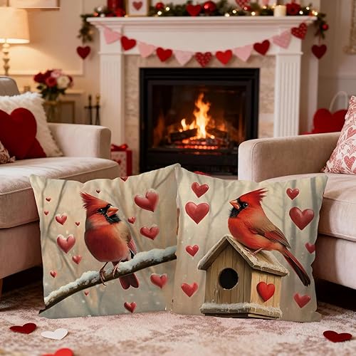 Miniatura 5 de Juego de 4 fundas de almohada para el día de San Valentín de 18 x 18 pulgadas, juego de 4 fundas de almohada cardenales con corazones de amor,